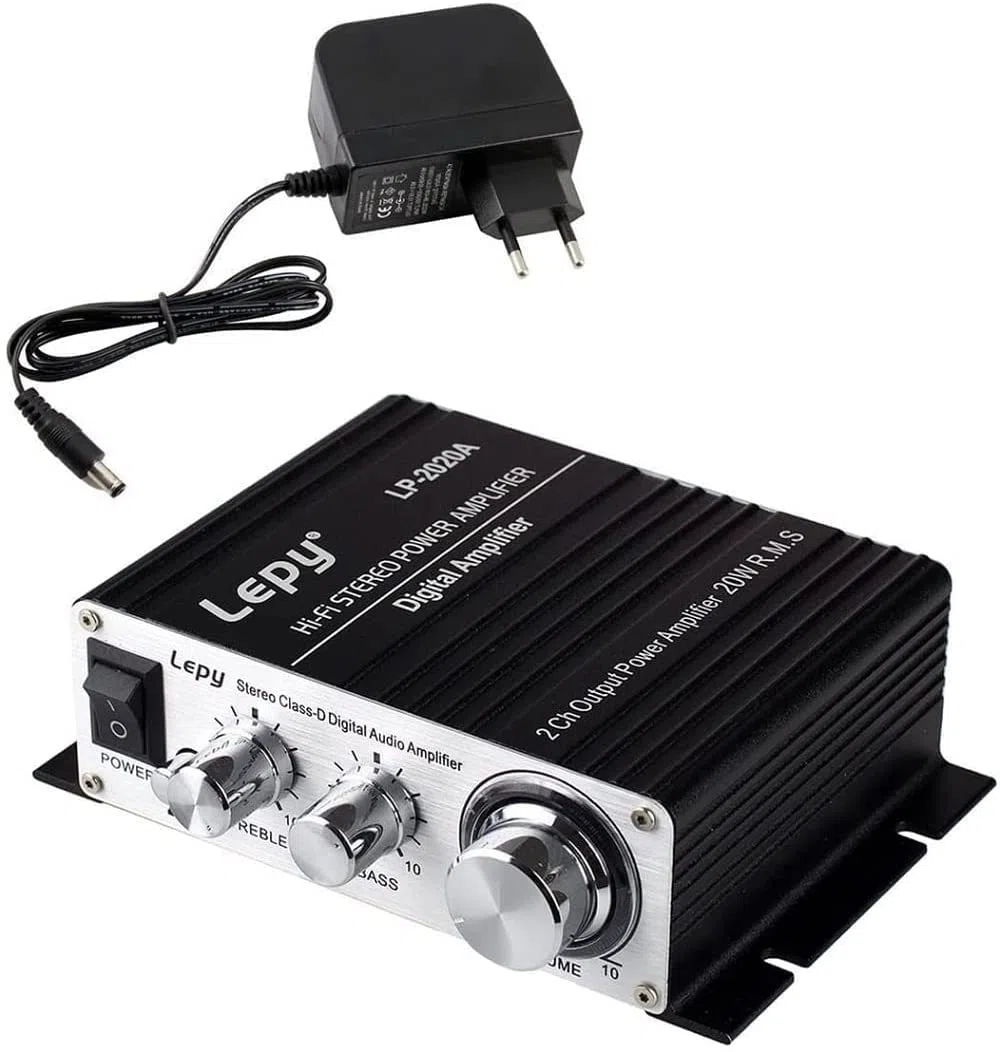 LP-2020A Class-D - Amplificador digital estéreo de alta fidelidad con fuente de alimentación de 3 A para amplificador de motor automático de coche, color negro