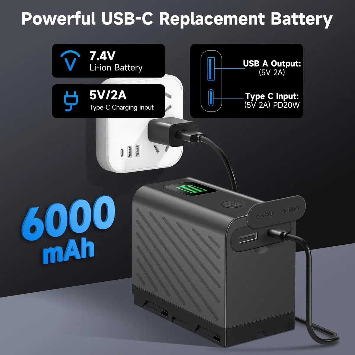 2 Baterías NP-F750 de 6600 mAh con Cable Micro USB para Sony NPF F980 F970 F960 F930 F770 F750 F550 Batería o lámpara de vídeo LED YN660 LED308