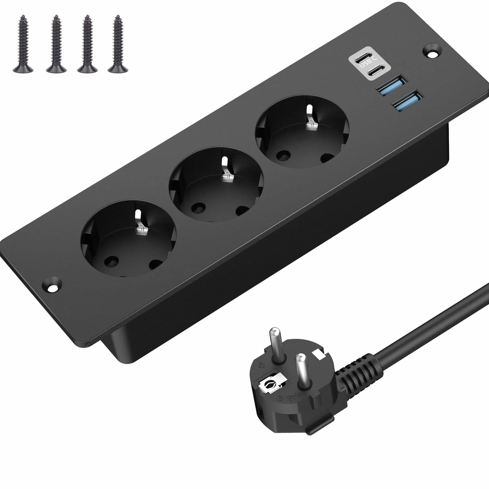 Toma de Empotrar de Sobremesa con 2 USB y 2 Type-C, Regleta Empotrable de 3 Vías con Cable de 2m, Toma de Sobremesa, Toma Múltiple para Muebles o Superficies de Trabajo, Negro