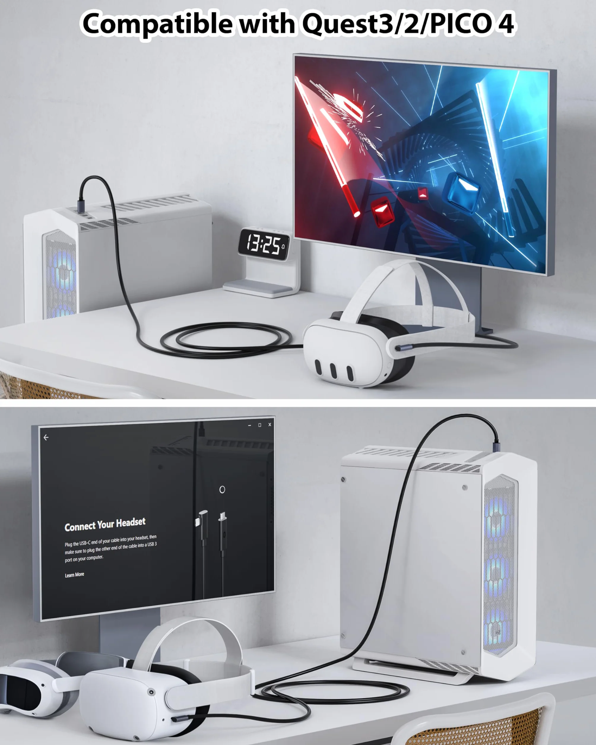 Stouchi Cable de Link 5M Compatible con Meta/Oculus Quest3/2/Pro,PICO 4 Accessories PC/Steam VR, VR Headset Cable High Speed ​​PC Datos Transferencia Carga rápida USB 3.0 a USB C Cable para Gaming PC
