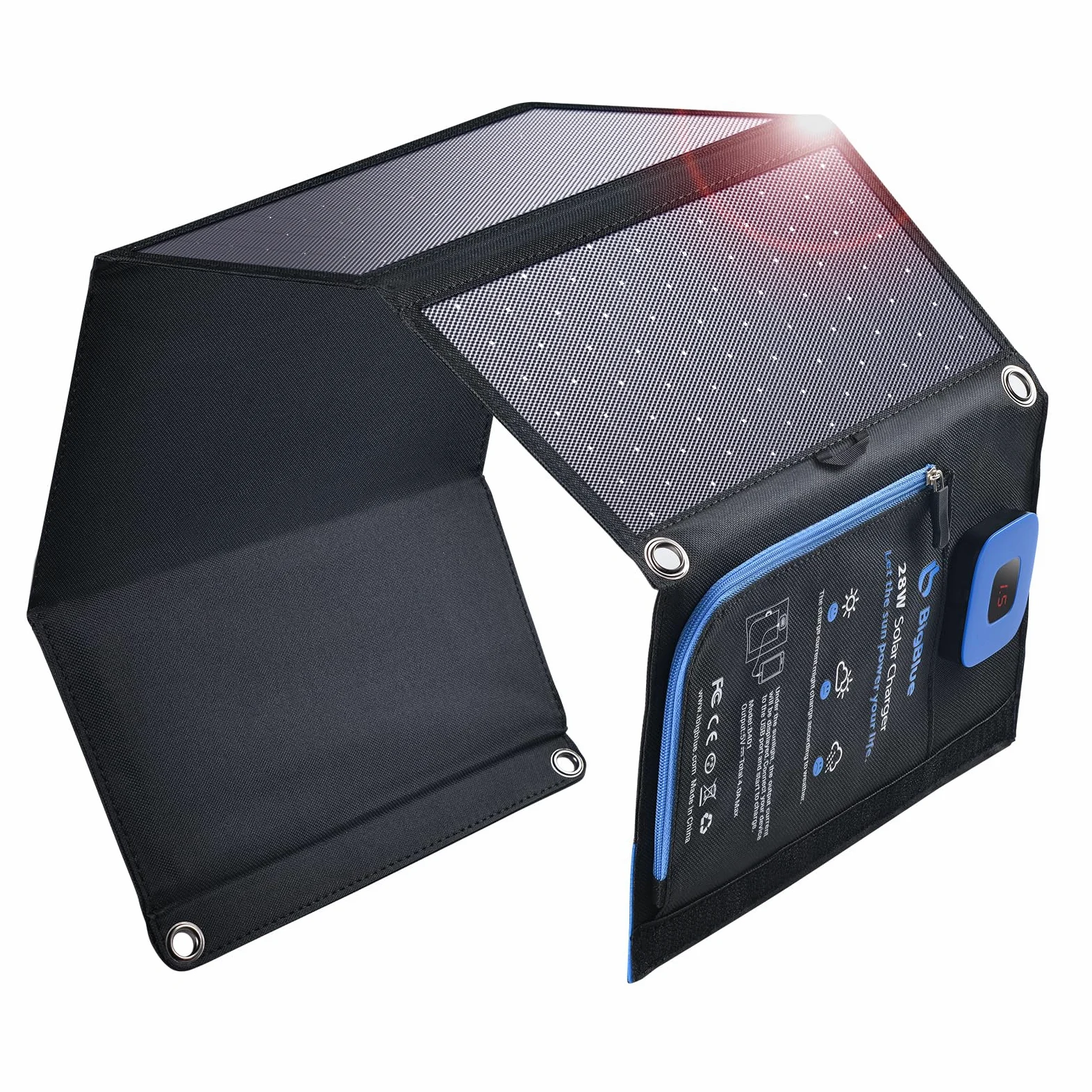 BigBlue 28W Cargador Solar Portátil, 2 Puertos (USB-C/USB-A) y IP44 Impermeable, Panel Solar Plegable con LCD Amperímetro Digital para Dispositivos Recargables, iPhone, Android, GoPro Etc