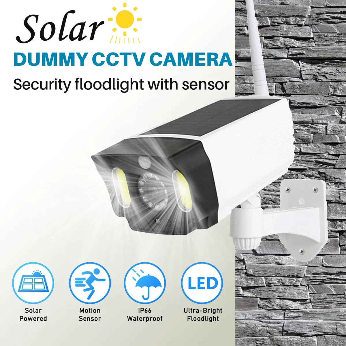 JUSTOP Cámara CCTV falsa, funciona con energía solar, luces LED de seguridad con sensor de movimiento PIR, impermeable para uso en exteriores, color blanco