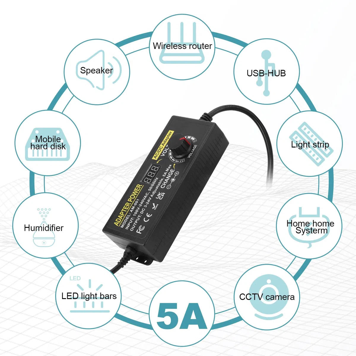 5A 120W Adaptador de Corriente Ajustable,Adaptador Universal de Corriente AC/DC 3V~24V Ajustable, Convertidor de 100V-240V AC a DC con 14 Puntas y Cable de polaridad de Corriente-5A Máx