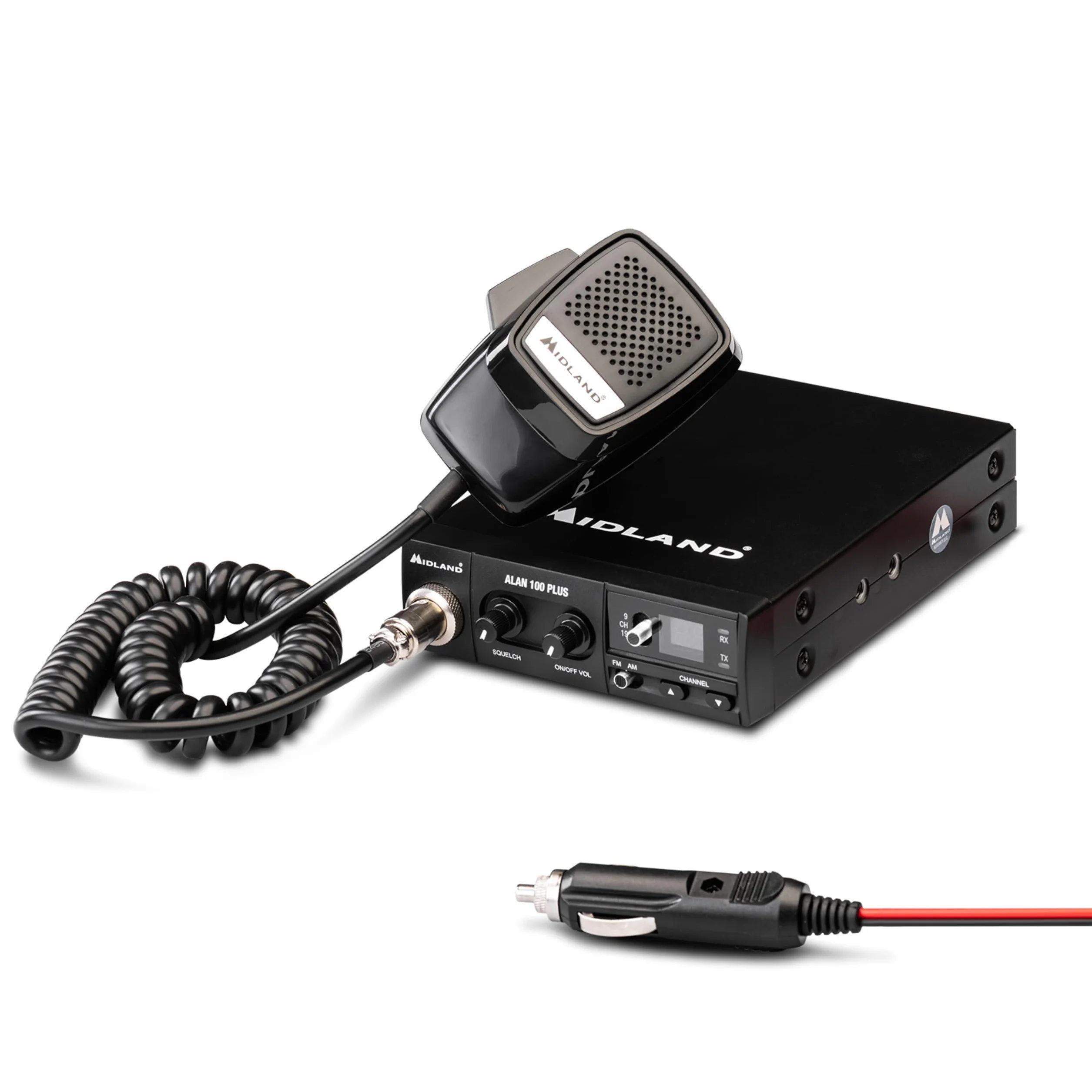 Midland Alan 100 Plus B C442.12 - Radio CB de Coche, 40 Canales Am/FM para Camiones y Caravanas, Emisora con Micrófono de 4 Pines, Pantalla de Canales, Squelch y Botones Up-Down, Negra
