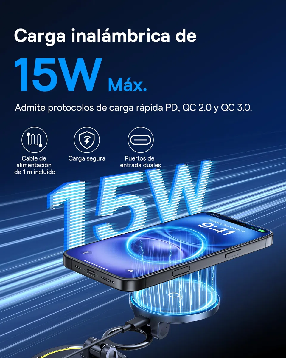 Baseus VC2 Flex Pro 15W Cargador Inalámbrico Coche, Soporte Teléfono Móvil para Coche con Función de Carga, Flexibilidad de 720°, Sujeción Magnética de 35N para iPhone 17-12 Serie, Samsung