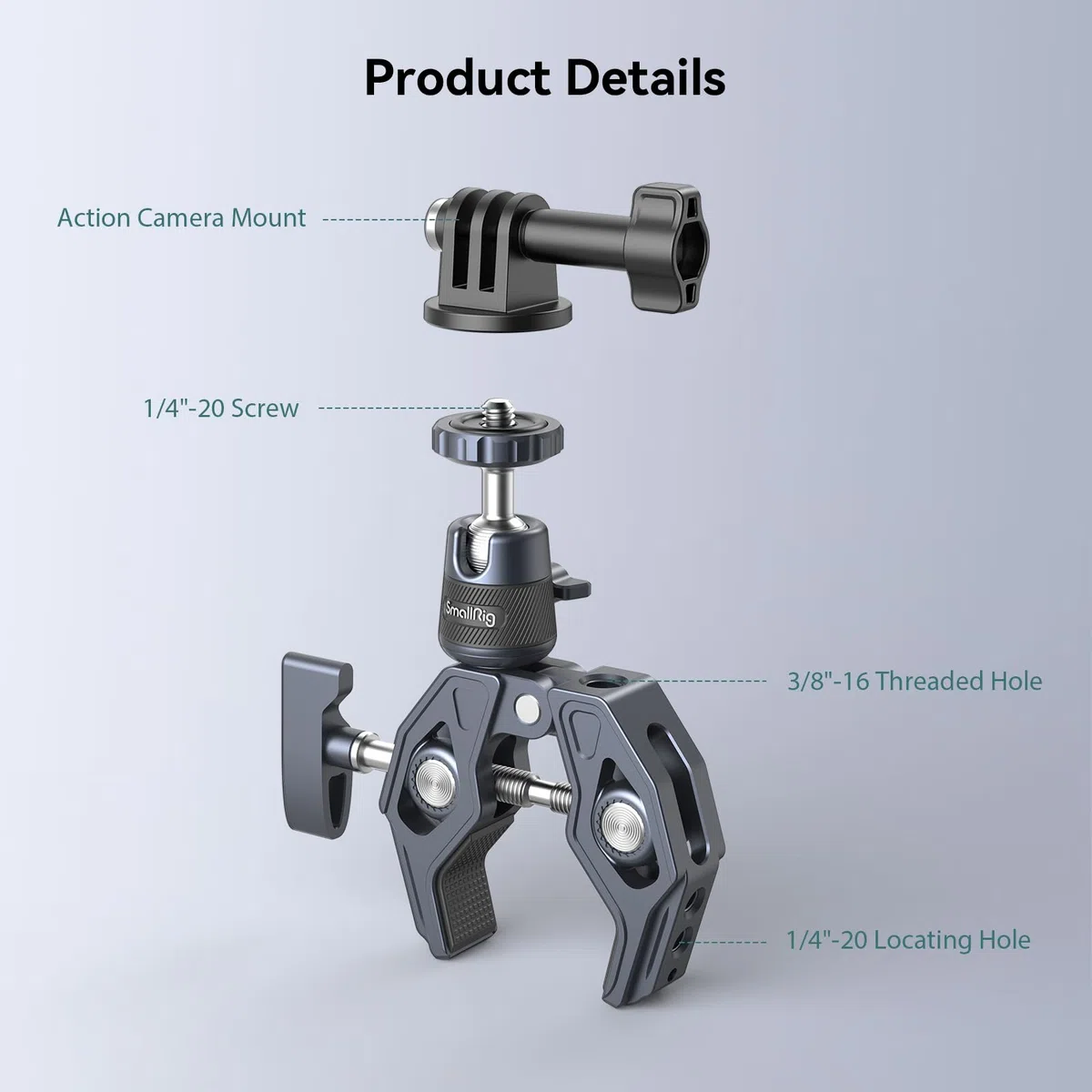 SMALLRIG Super Clamp con Rótula, Clamp de Montaje de Cámara con Adaptador Gopro, Monitor de Cámara, luz LED, Carga Máxima de 3,5kg (7,7lb) - 4102