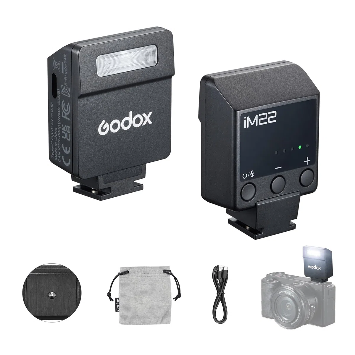 Godox iM22 - Cámara flash compacta, 5 niveles de potencia, 440 flashes de plena potencia, diseño de garra de contacto único, compatible con múltiples marcas