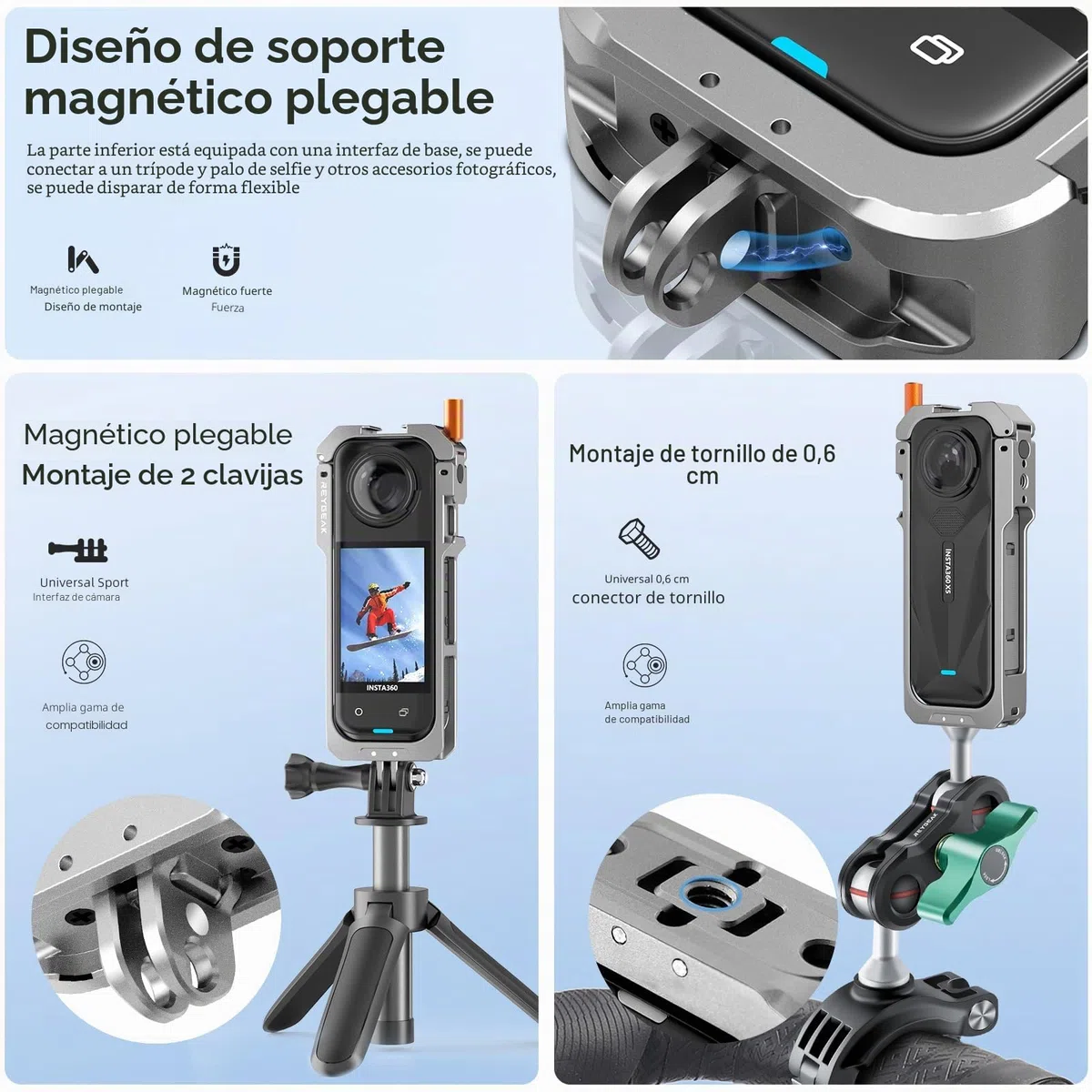 REYGEAK para el Marco de Utilidad Insta-360 x5, la Jaula de la cámara de Aluminio para Insta360 X5, Estuche Protectora con Cubierta de Lente de Silicona, Caja Protectora con 1/4 Dedos Plegables