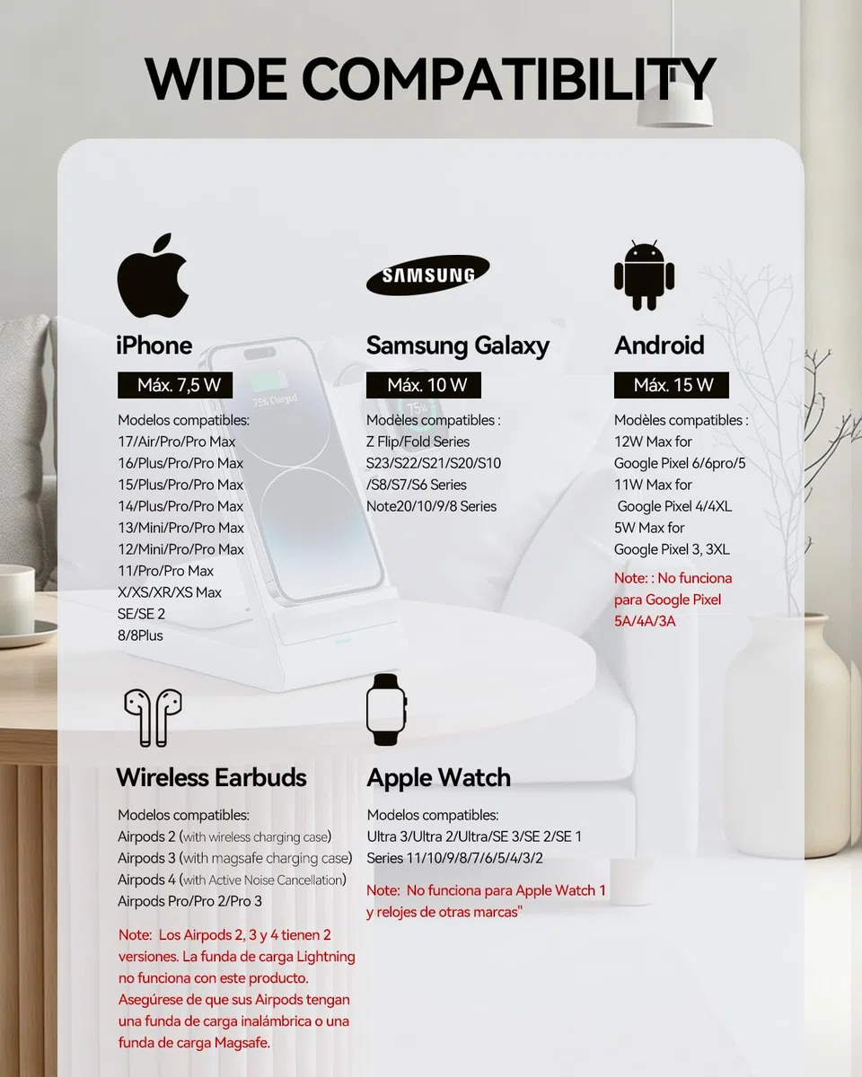 Unico Cargador Inalámbrico 3 en 1 Portátil Rápido 15W con Cable sin Cargador para iPhone 17/16/15/14/13/12 para AirPods para Apple Watch Ultra/SE (Adaptador no Incluido)