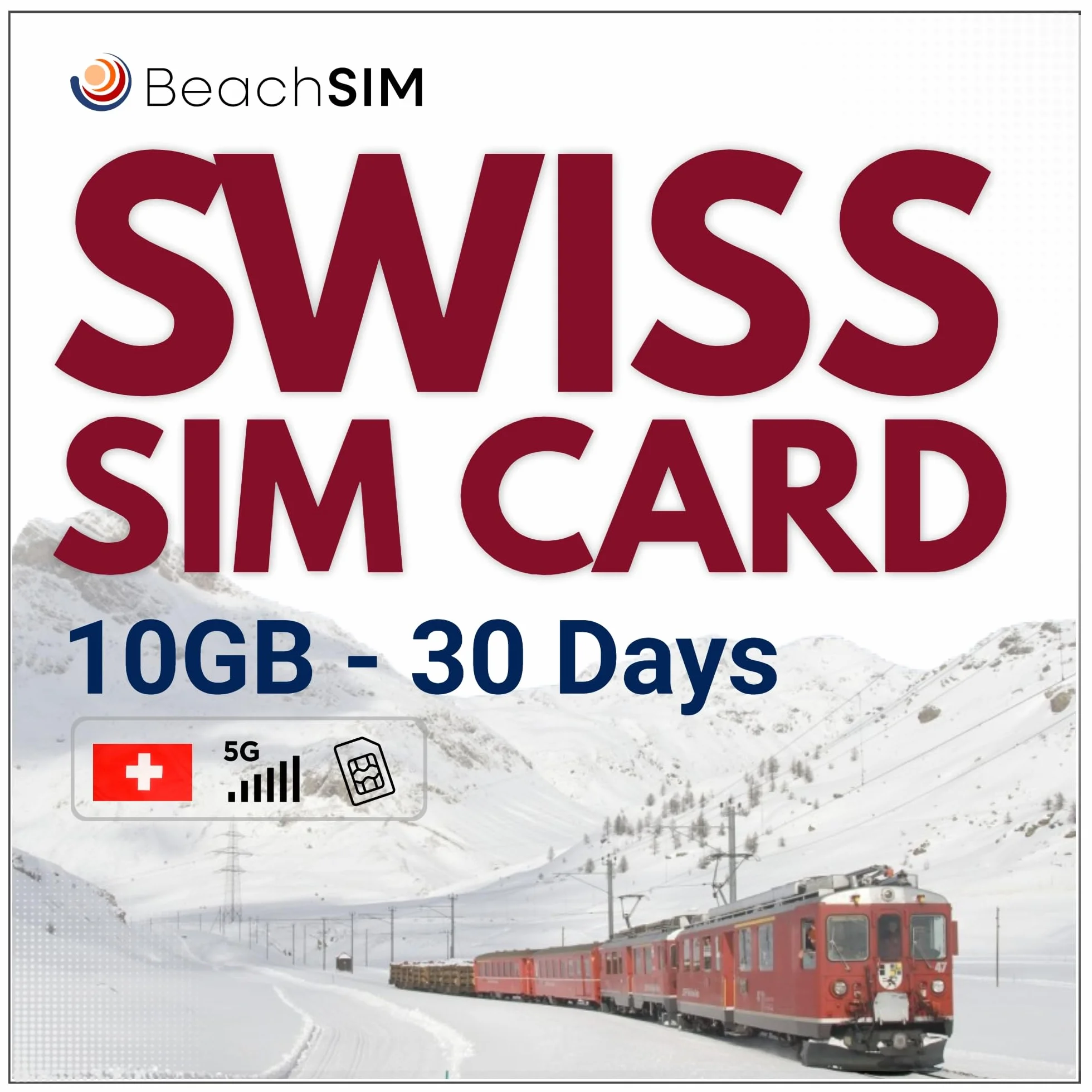 Tarjeta SIM Suiza 30 días. 10GB de Datos con Velocidad 4G/5G. Solo Datos prepagados. Activación rápida. Recarga fácil.
