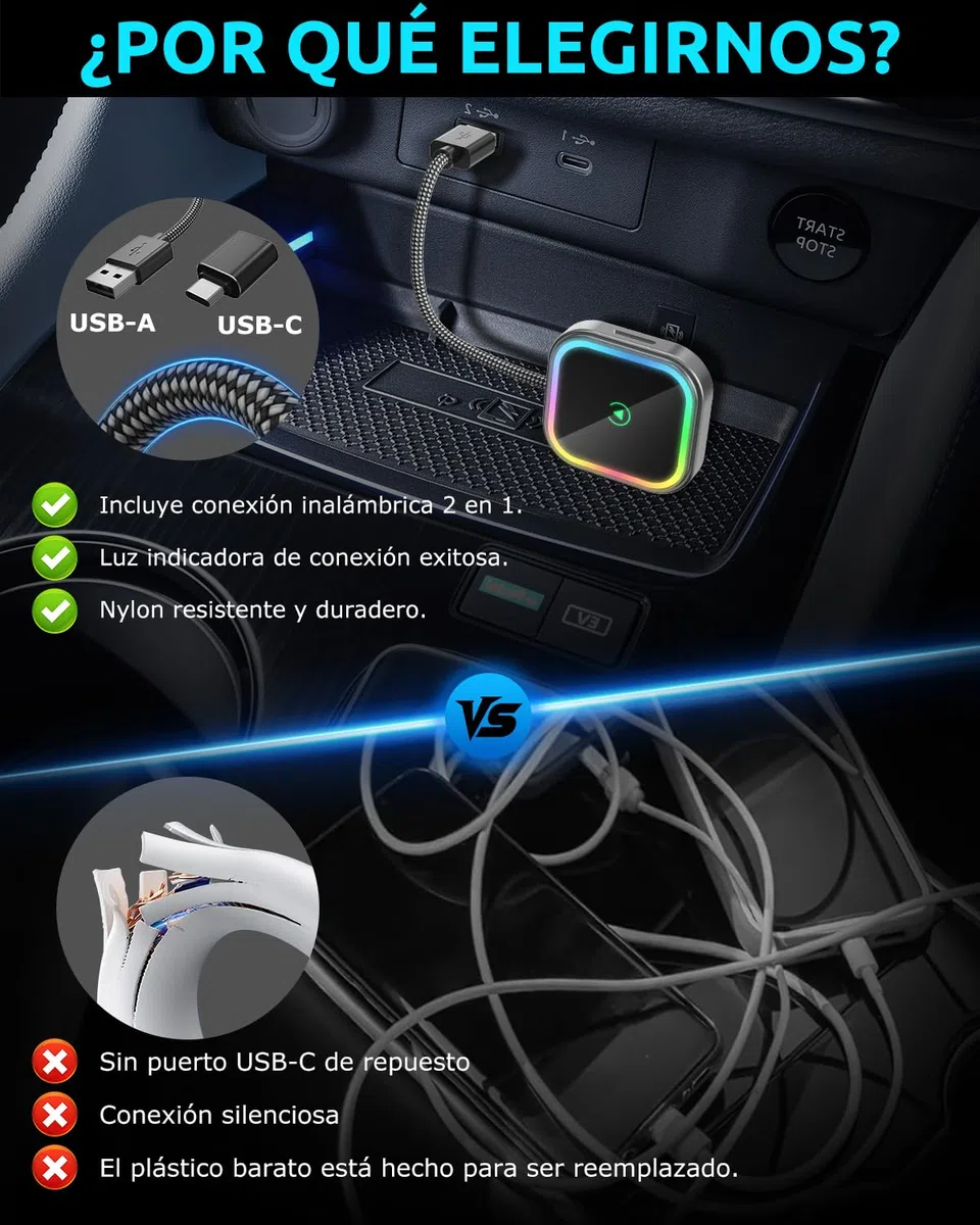ESSGOO Mini Adaptador Inalámbrico para CarPlay/Android Auto, Adaptador 2 en 1 CarPlay Inalámbrico Bluetooth con Enchufe USB, Compatible con iOS 10+ y Android 11+, RGB con Control de Voz