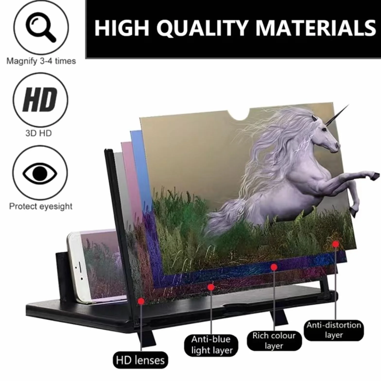 Amplificador de Pantalla de móvil, 16 Pulgadas HD Lupa para movil, Amplificador de Pantalla, para Todos los Smartphones, para Ver películas y Videos (Negro)