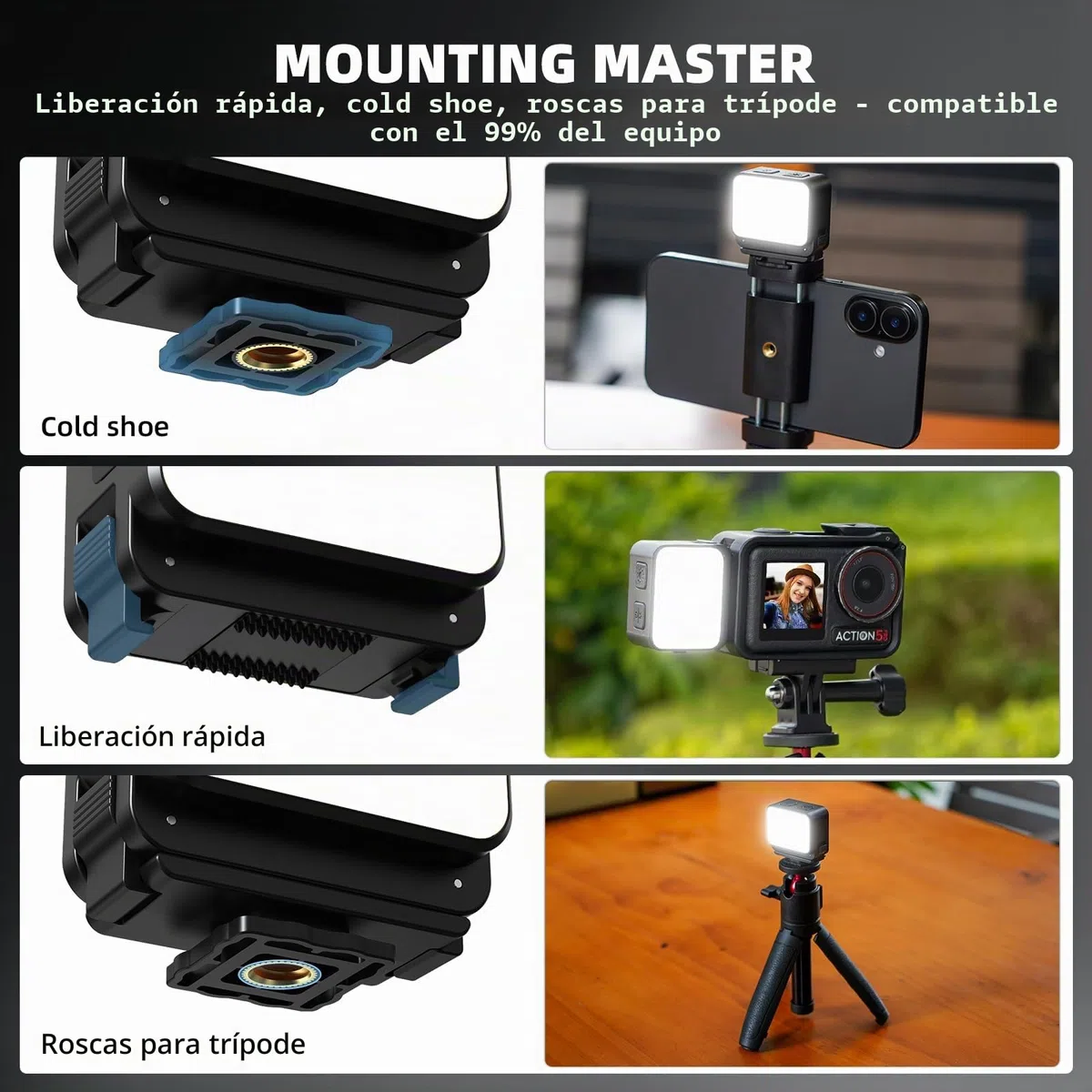 Mini luz para cámara de acción DJI, iluminación de 3 rellenos, zapata fría y caliente, accesorio de luz LED para DJI OSMO Pocket 3 Action 5 Pro 4 3, para accesorios GoPro