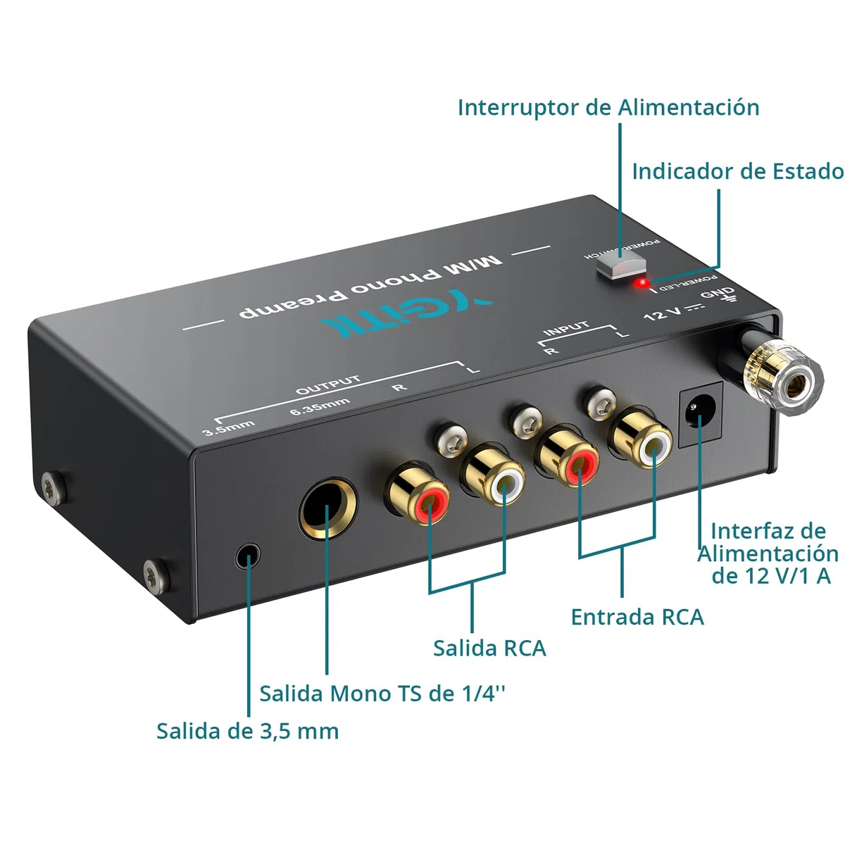 Preamplificador de Fono Ultracompacto Actualización de Chips con Bajo Nivel de Ruido para Tocadiscos MM, Entrada RCA, Salida RCA 3.5mm/6.35mm TRS para Altavoces Computadora