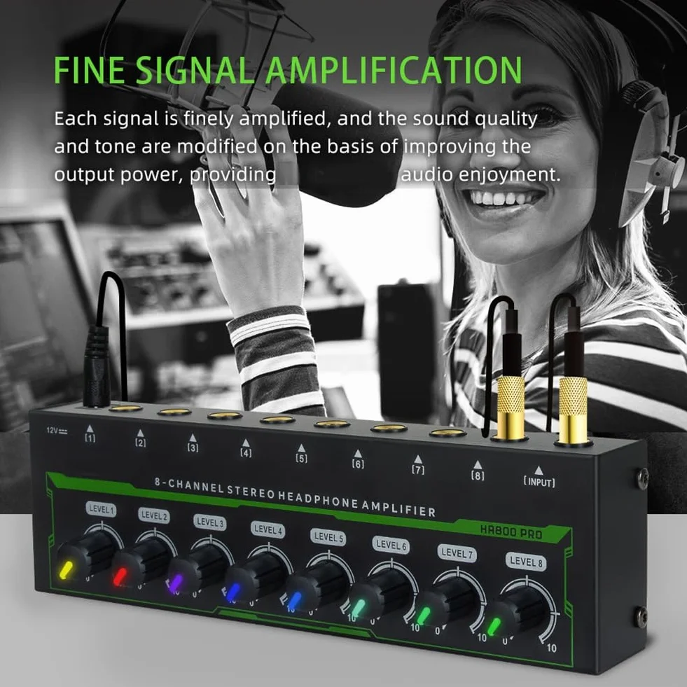 Amplificador de Auriculares HA800 Pro de 8 Canales, Amplificador Estéreo RGB, Microamplificador para Mezclador de Música, Amplificador de Sonido para Grabación (UE)