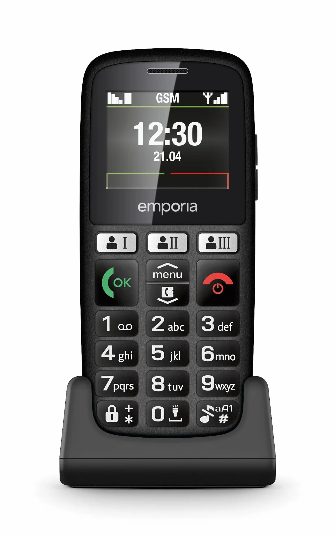 Emporia Happy - Teléfono móvil para Personas Mayores, Robusto y de Calidad, Volumen Alto, Pantalla a Color, Bluetooth, 3 Teclas de Llamada rápidas, Teclas Grandes iluminadas, Base de Carga, Negro