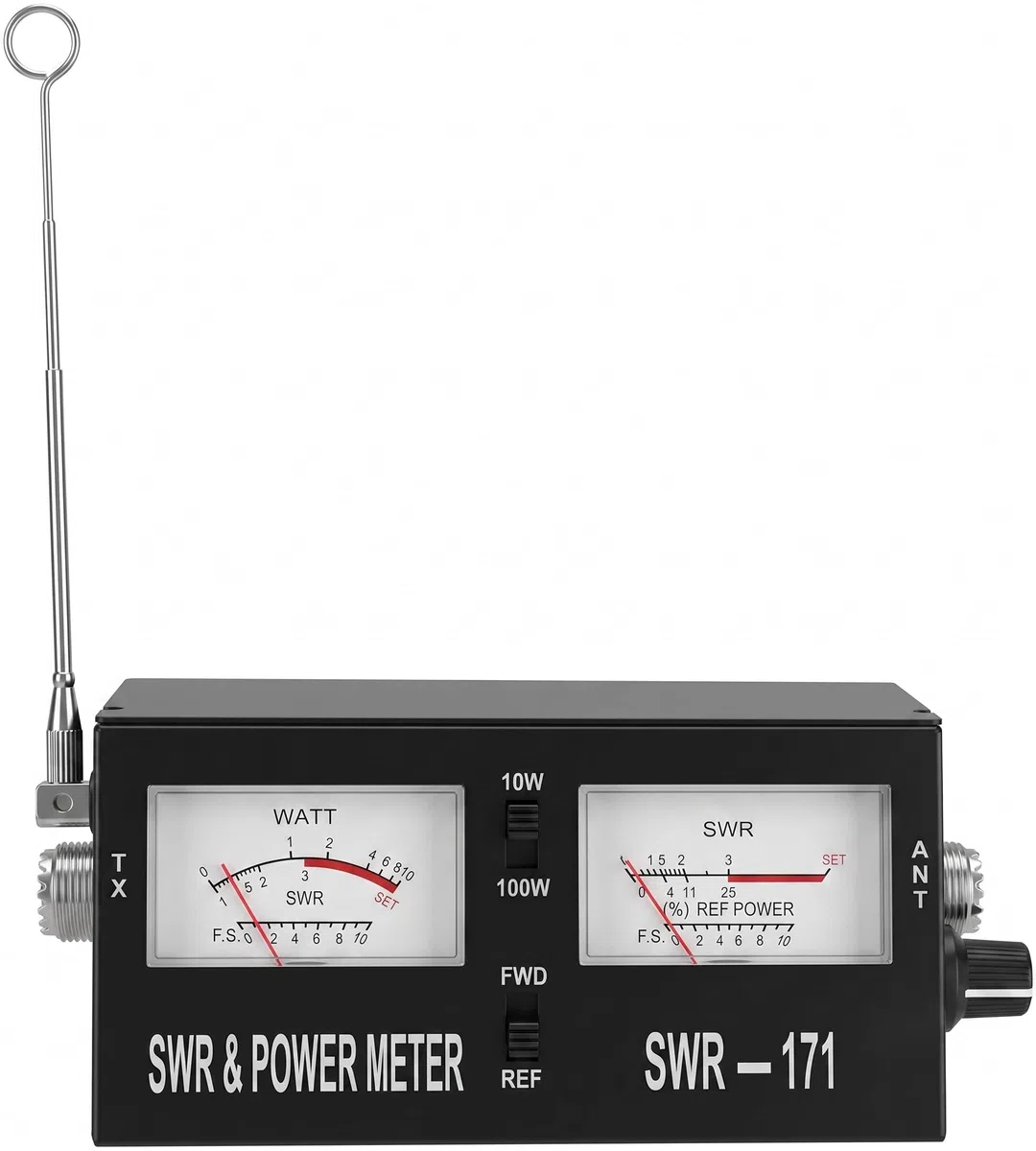 SWR-171 Medidor Roe y Vatímetro VHF y CB para Radioaficionados | Rango de frecuencia de 1,5 a 150 MHz (CB y VHF) con escalas de potencia seleccionables de 10W y 100W.