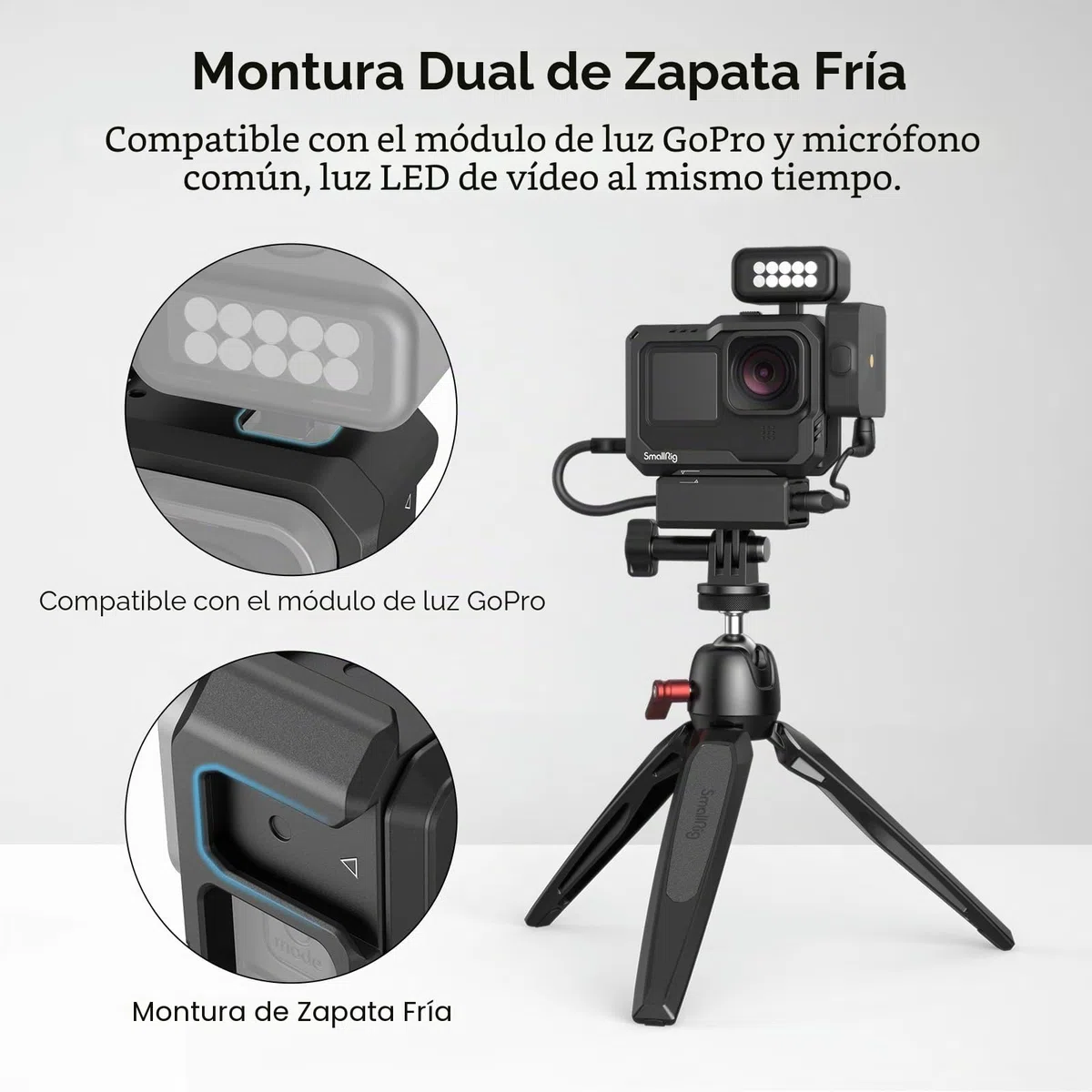 SMALLRIG Hero 13 / Hero 12 / Hero11 / Hero 10 / Hero 9 Jaula Negra para GoPro, con 2 Soportes de Cold Shoe para GoPro Light Mod y micrófono Común, luz de Video LED - 3083C