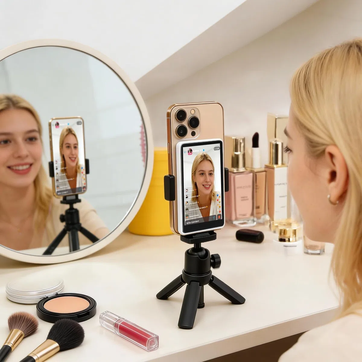 Pantalla Monitor Selfie Magnético 4K para iPhone y Android - Sin Retraso, con Altavoz Integrado, Compartición en Tiempo Real y Monitor Selfie 1080p, YouTube, TikTok, Transmisiones y Vlogs