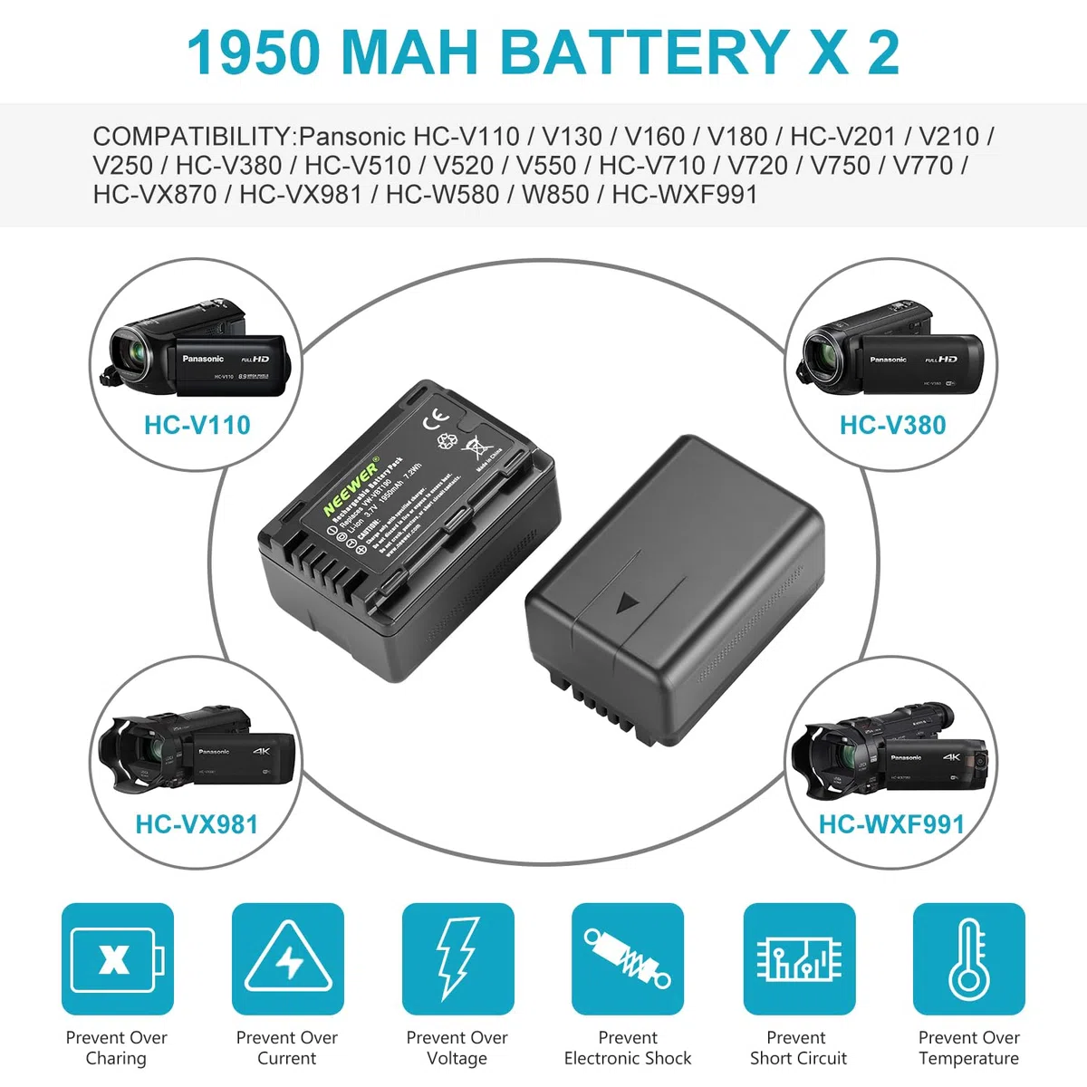 Neewer VW-VBT190 Batería y Kit de Cargador USB Dual Compatible con Panasonic HC-V110 V130 V160 V180 HC-V201 V210 V250 HC-V380 HC-V510 V520 V550 HC-V710 V720 V750 V770 HC-VX870