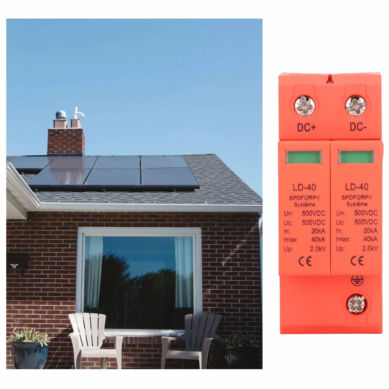 Dispositivo de protección contra sobretensiones permanentes y transitorias CC 2P Disyuntor fotovoltaico 500V PC ignífugo Control de sobrecorriente, fácil instalación con riel estándar