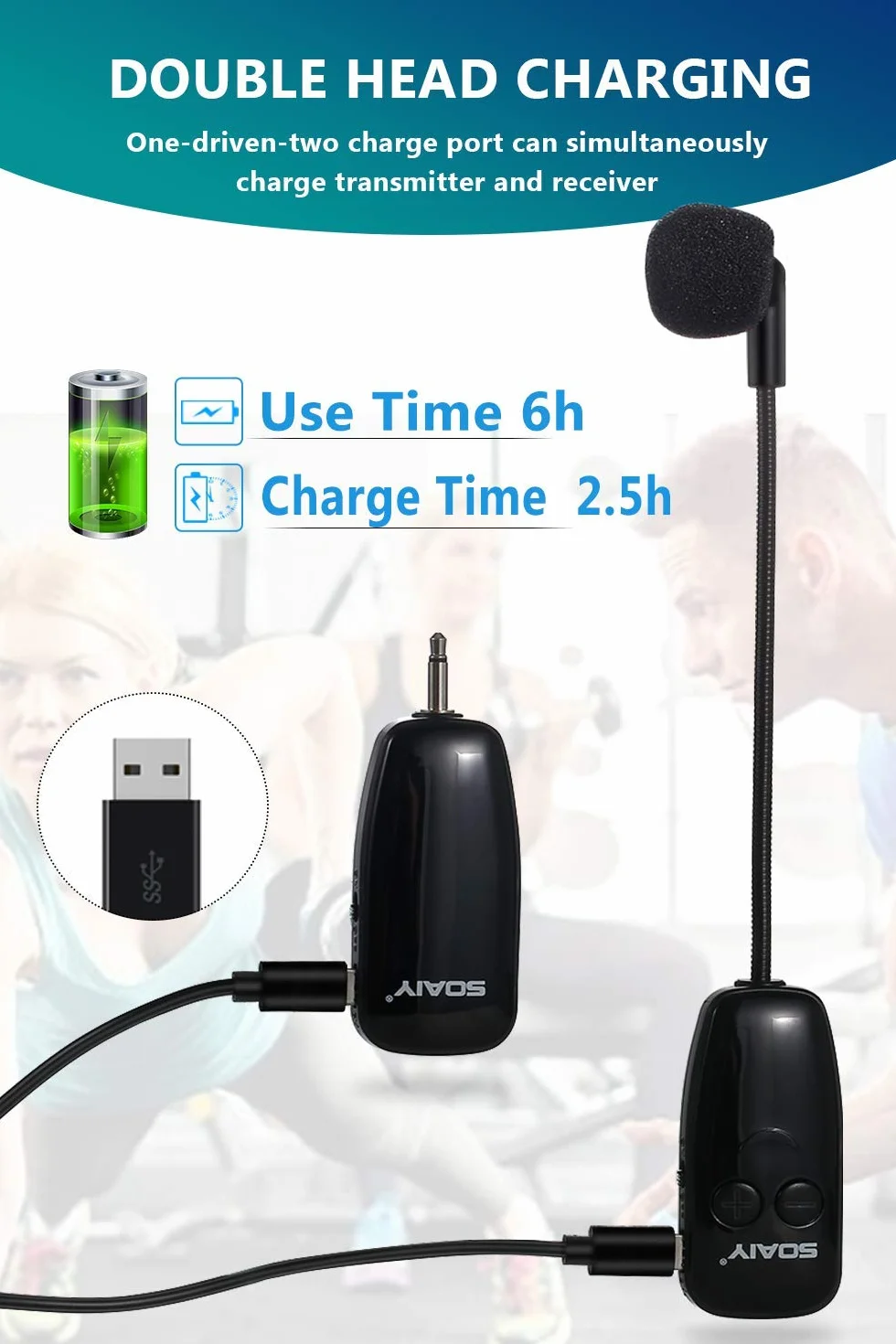 Micrófono inalámbrico Diadema USB Micrófono inalámbrico UHF Oreja de Mano 2-en-1 Amplificador de Voz portatil para Conferencias, Clases, Guía Turístico, Profesores