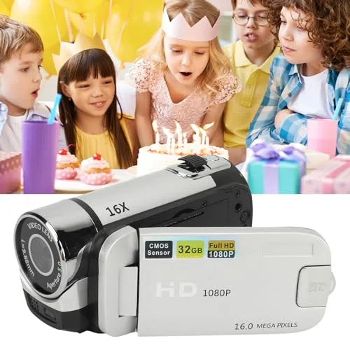 Grabadora de Cámara Digital, Videocámara Full HD 1080P 16MP, Cámara Vlogging con Pantalla Giratoria de 2,4, Zoom Digital 16X, Luz de Relleno, Antivibración, para Principiantes Silver