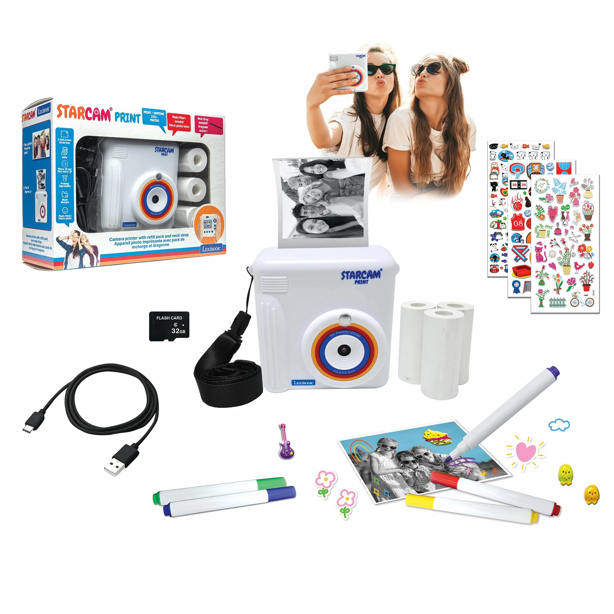LEXIBOOK, Starcam Print, Cámara con Impresora instantánea, 3 Rollos de Papel y Correa de Mano, Blanco, DJ130
