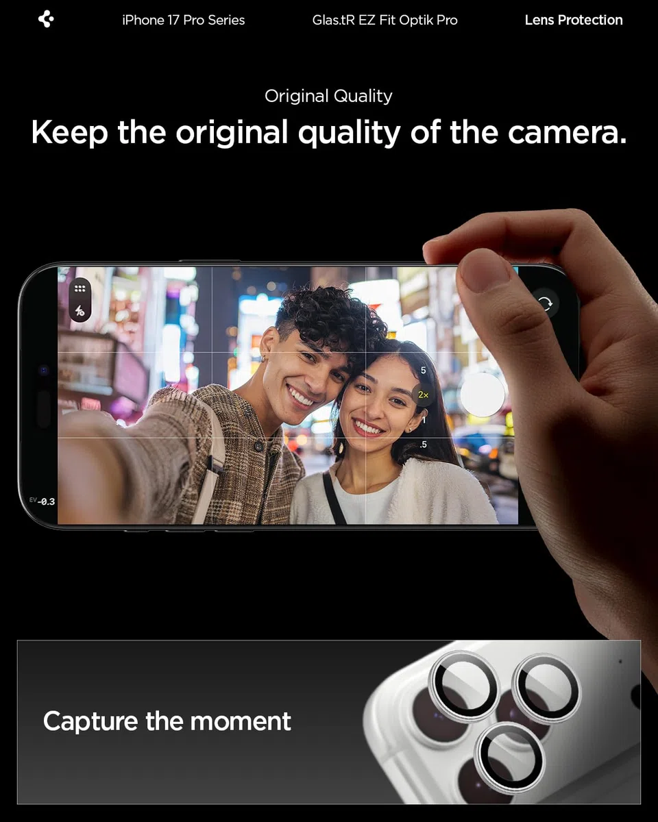 Spigen Glas.tR EZ Fit Optik Pro Protector de Cámara para iPhone 17 Pro, iPhone 17 Pro Max, 2 Unidades, Plata, Protección Individual, Kit de instalación, Dureza 9H, Anti-Arañazos