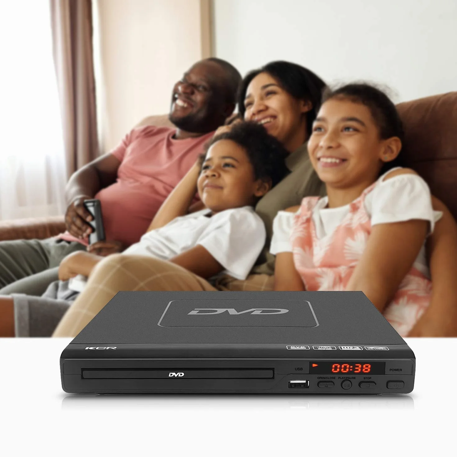 Reproductor de DVD KCR para TV, Reproductor de DVD multiregión 1/2/3/4/5/6, Puerto USB, Mando a Distancia, Salida AV y Puertos HDMI.