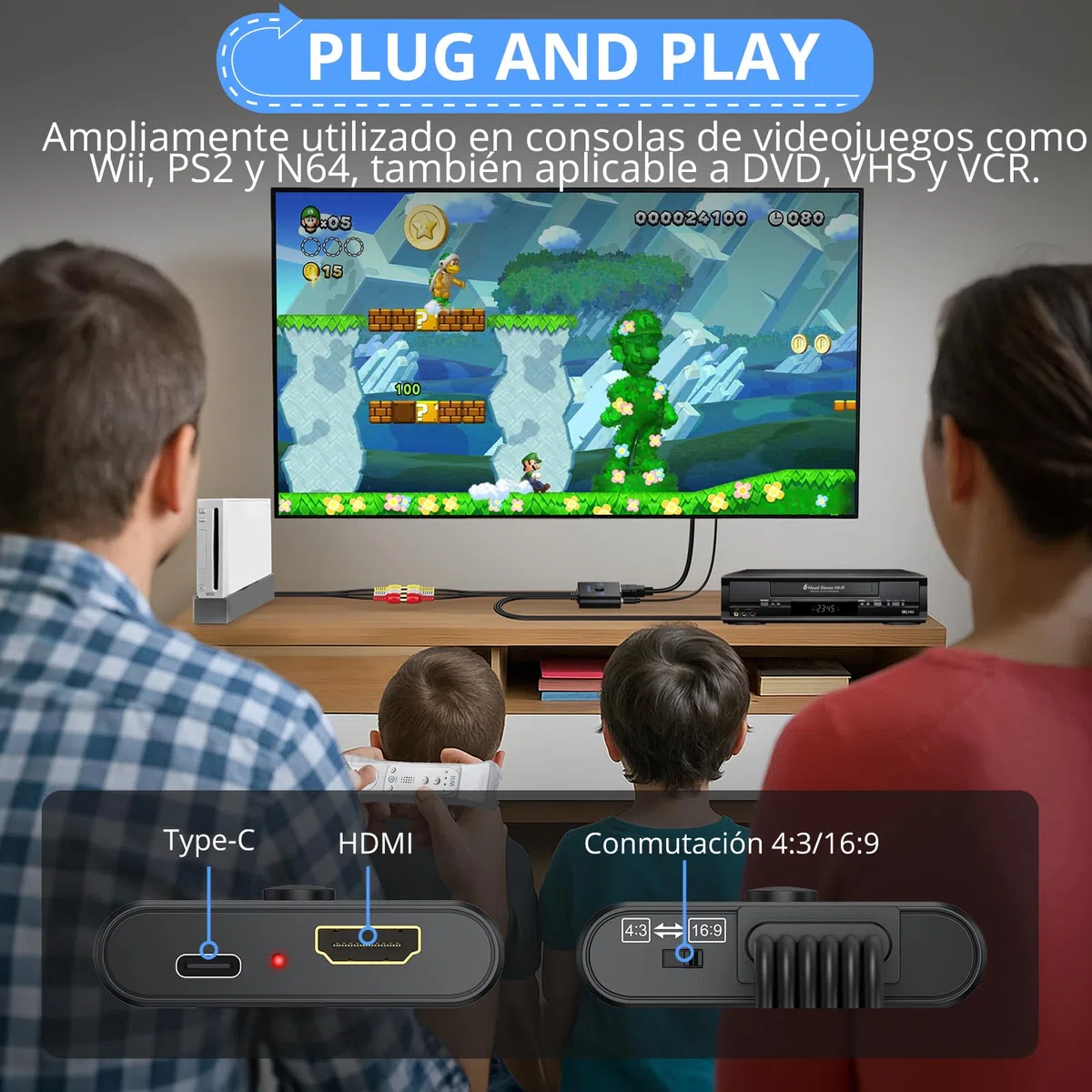CAMWAY Adaptador RCA y Scart a HDMI con Switch 16:9/4:3, 1080P Convertidor AV/Scart a HDMI con Cable HDMI 50CM, Plug&Play, Compatible con PAL/NTSC para Wii PS1 PS2 N64 Xbox DVD VCR VHS