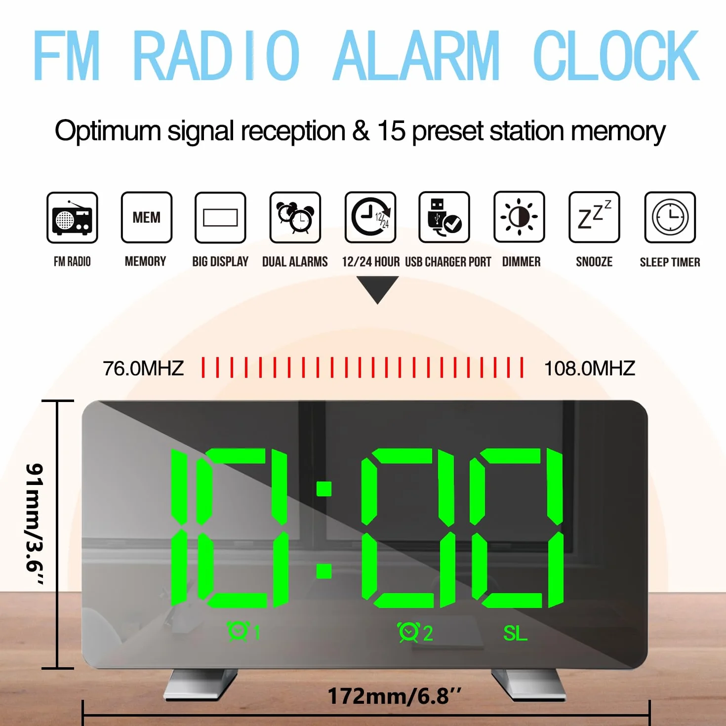 Radio despertador para mesita de noche, despertador digital, pantalla grande, repetición, doble ajuste de alarma, regulador de volumen ajustable, incluye adaptador