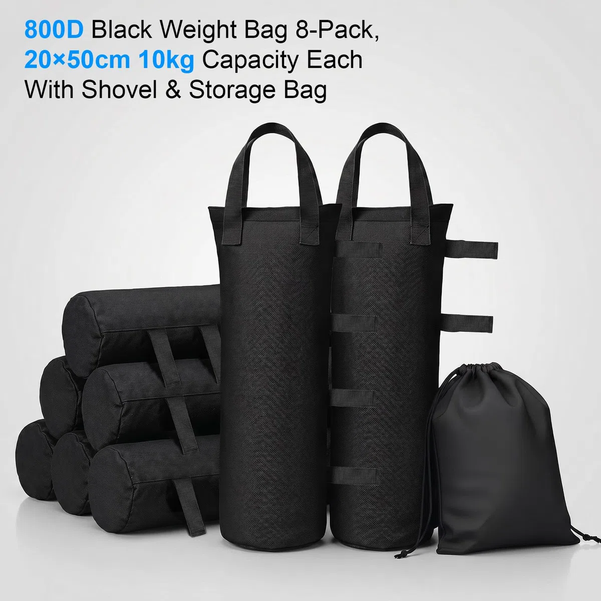 8 Piezas Pesas para Pabellón, Bolsas de Arena de Tela Oxford 800D 20x50cm para Lastrar con Pala y Bolsa de Almacenamiento, Bolsa de Arena Reforzada para Tienda, Camping y Fotografía, Negro