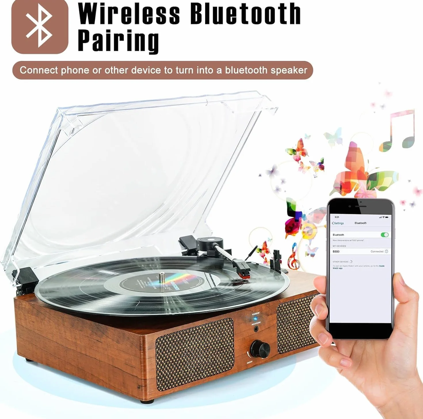 Tocadiscos de Vinilo Bluetooth con Altavoces Integrados, Compatible con Auriculares USB RCA AUX IN y gramófono portátil de 3 velocidades accionado por Correa para Entretenimiento y decoración