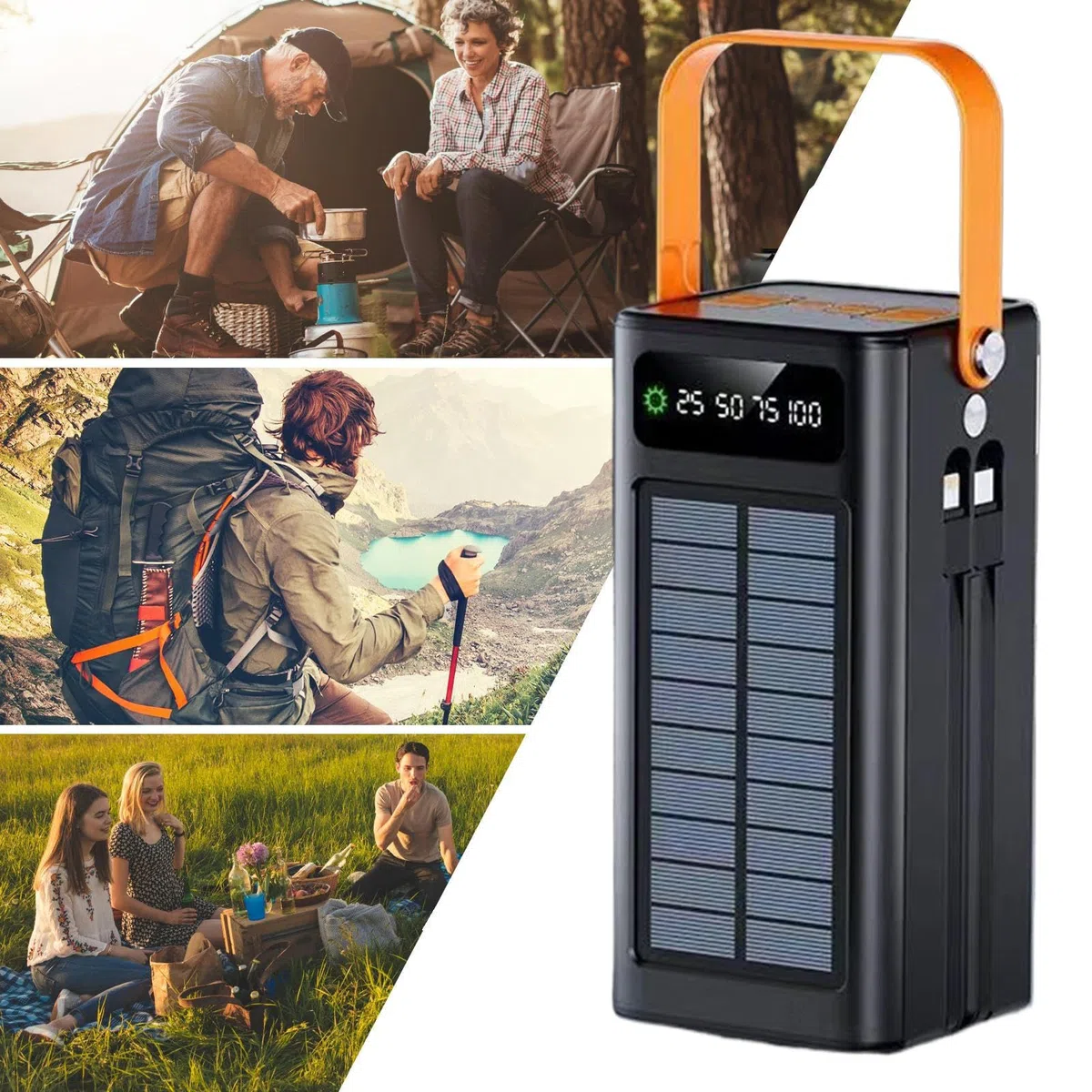 Cargador Solar Portátil,Equipo De Supervivencia 50000mAh con Luz Cables Integrados 4 Salidas Y 3 Entradas Batería Externa 120W 50000mAh para Todos Los Dispositivos Móviles Aire Libre