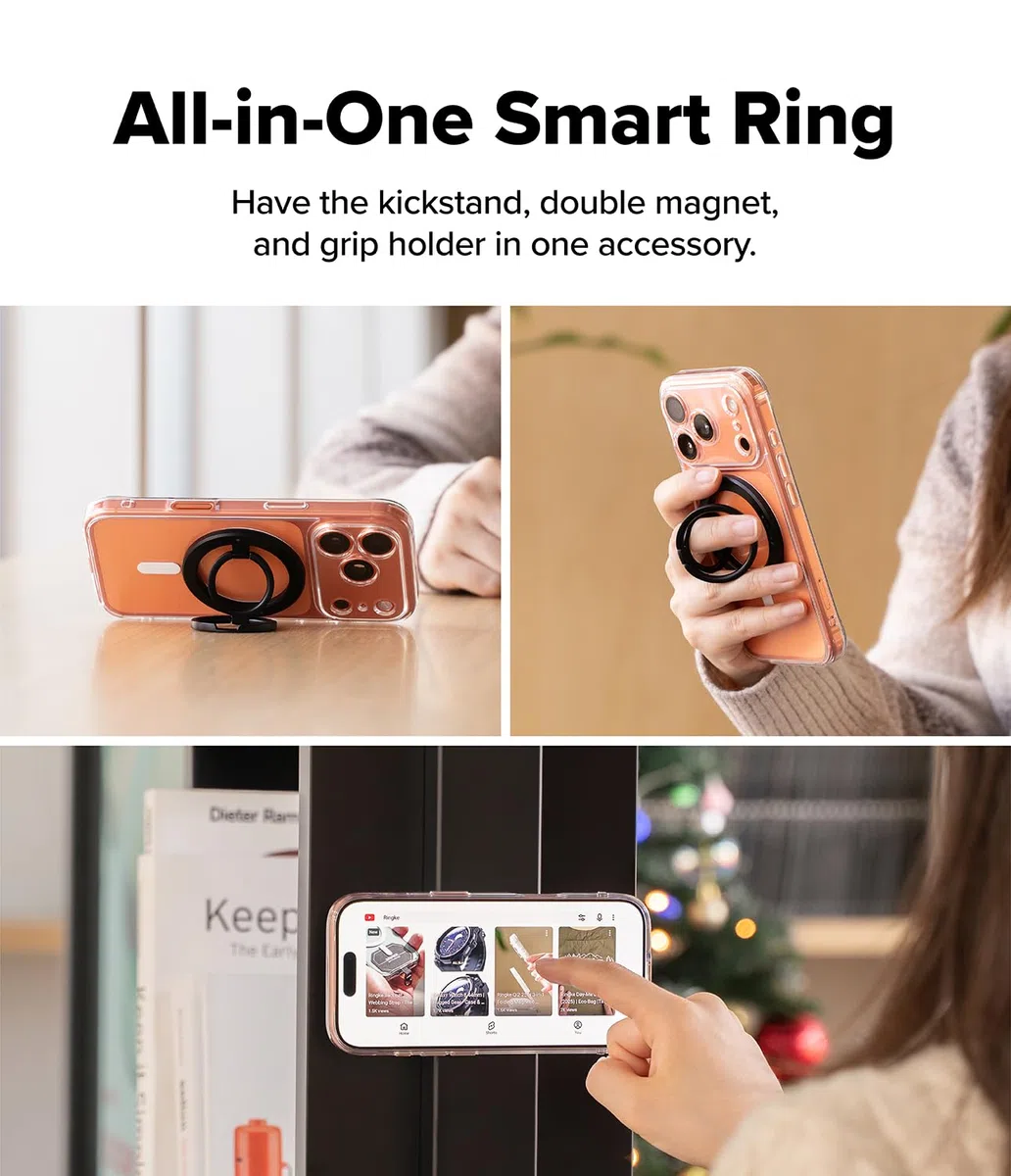 Ringke Dual Magnetic Smart Ring [Compatible con MagSafe] Soporte con Agarre, Doble Imán Potente, Soporte Plegable de 3 Niveles para Gimnasio, iPhone, Galaxy, Pixel - Black