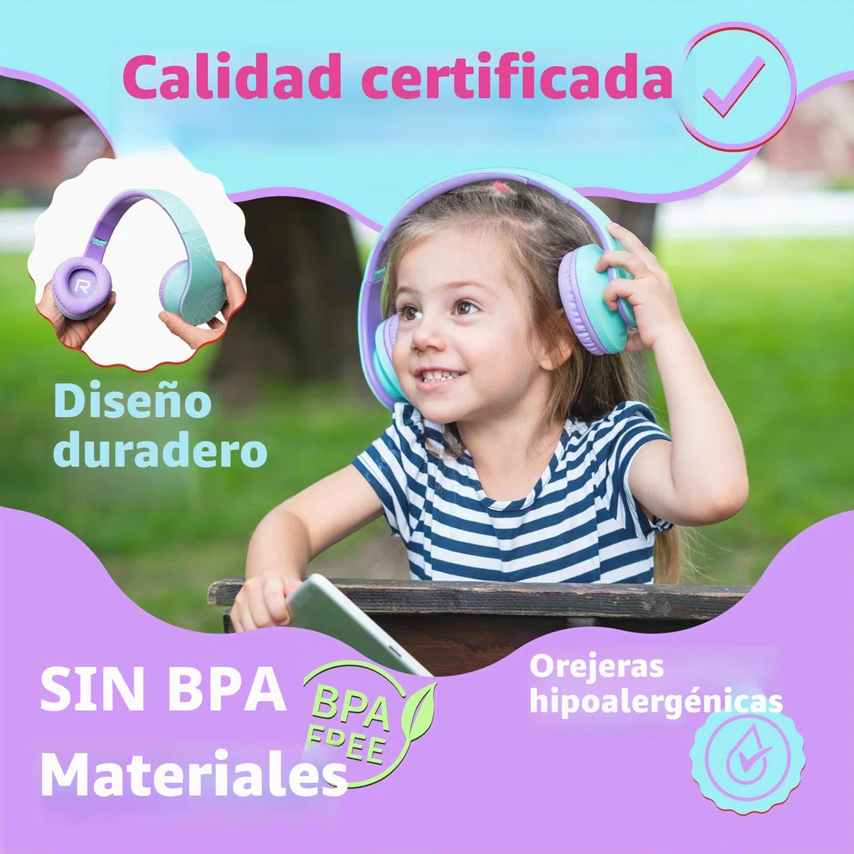 PowerLocus Auriculares para niños, Auriculares Bluetooth para niños, con 85DB Volumen Limitado, Plegable, con Micrófono, Micro SD Slot, Cascos Inalámbricos y con Cable, con Estuche