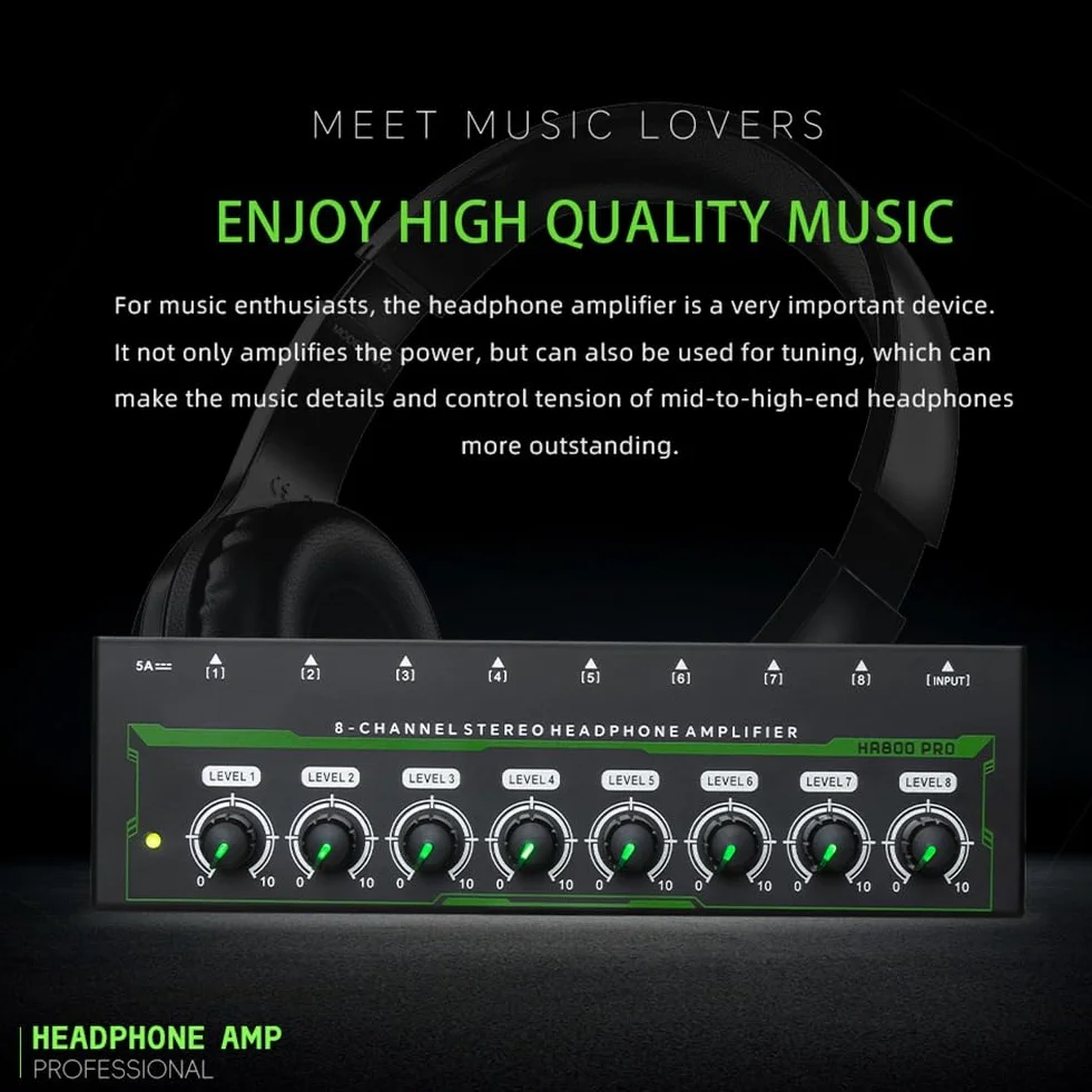 Amplificador de Auriculares HA800 Pro de 8 Canales, Amplificador Estéreo RGB, Microamplificador para Mezclador de Música, Amplificador de Sonido para Grabación (UE)