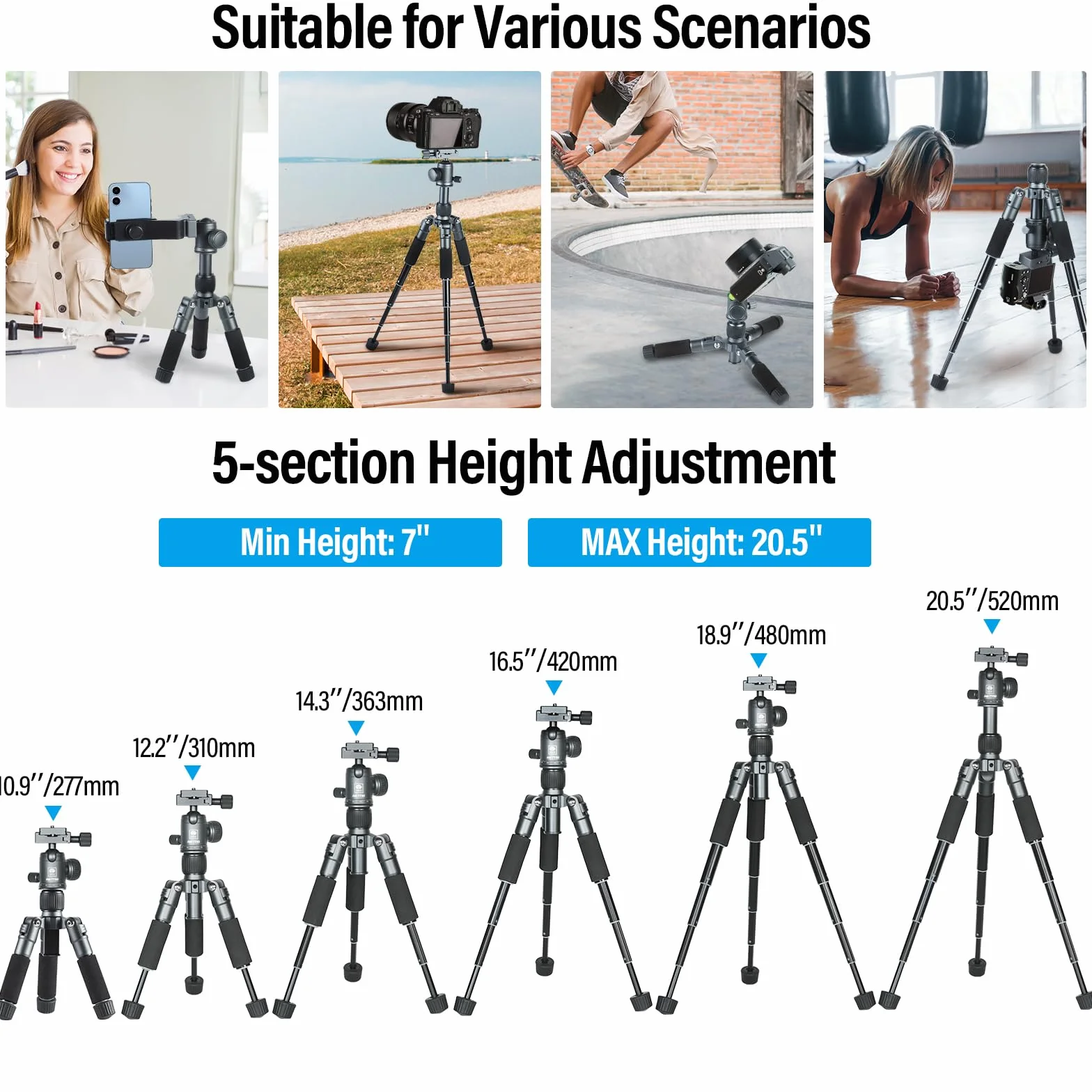 SIRUI Mini Trípode para Cámara con Rótula de Bola de 360 ° Aleación de Aluminio 20"/ 50cm, Soporte de Trípode de Mesa para DSLR, Cámara, Teléfono, Cargado hasta 22libras - AM-TT50