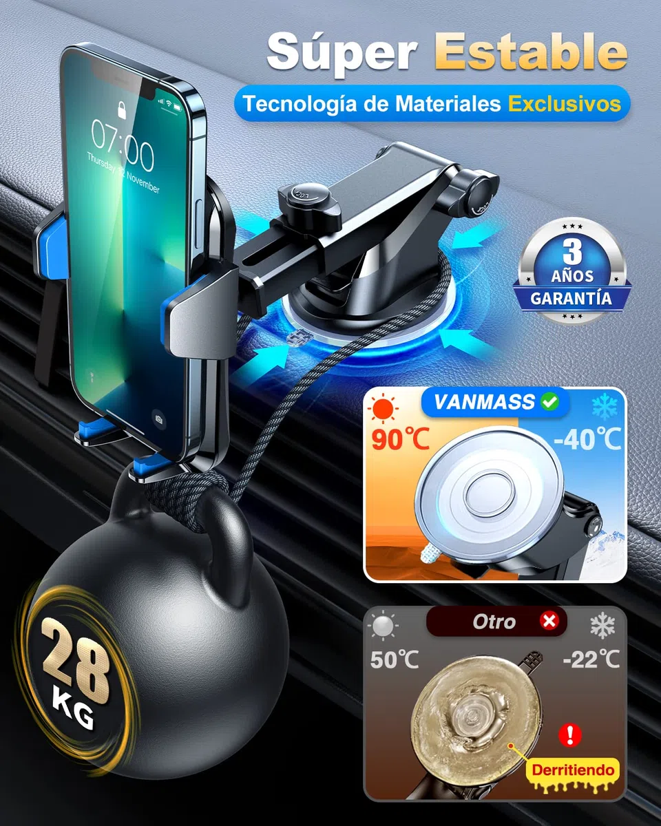 VANMASS 【Patentes y Certificados de Seguridad Soporte Movil Coche 2025【29+KG Succión Protección Militar】 Teléfono Salpicadero Parabrisas Ventilación para iPhone 16 15 Pro MAX Samsung, Azul
