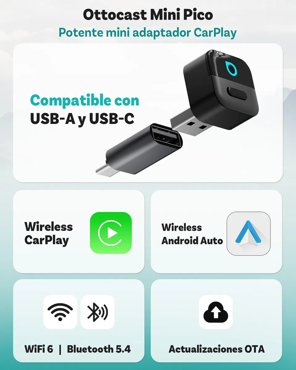 OTTOCAST Mini Pico 2026 Adaptador Inalámbrico CarPlay & Android Auto, WiFi 6 & Bluetooth 5.4, Mini Dongle USB Plug & Play, De CarPlay/Android Auto con Cable a Wireless, OTA Upgrade
