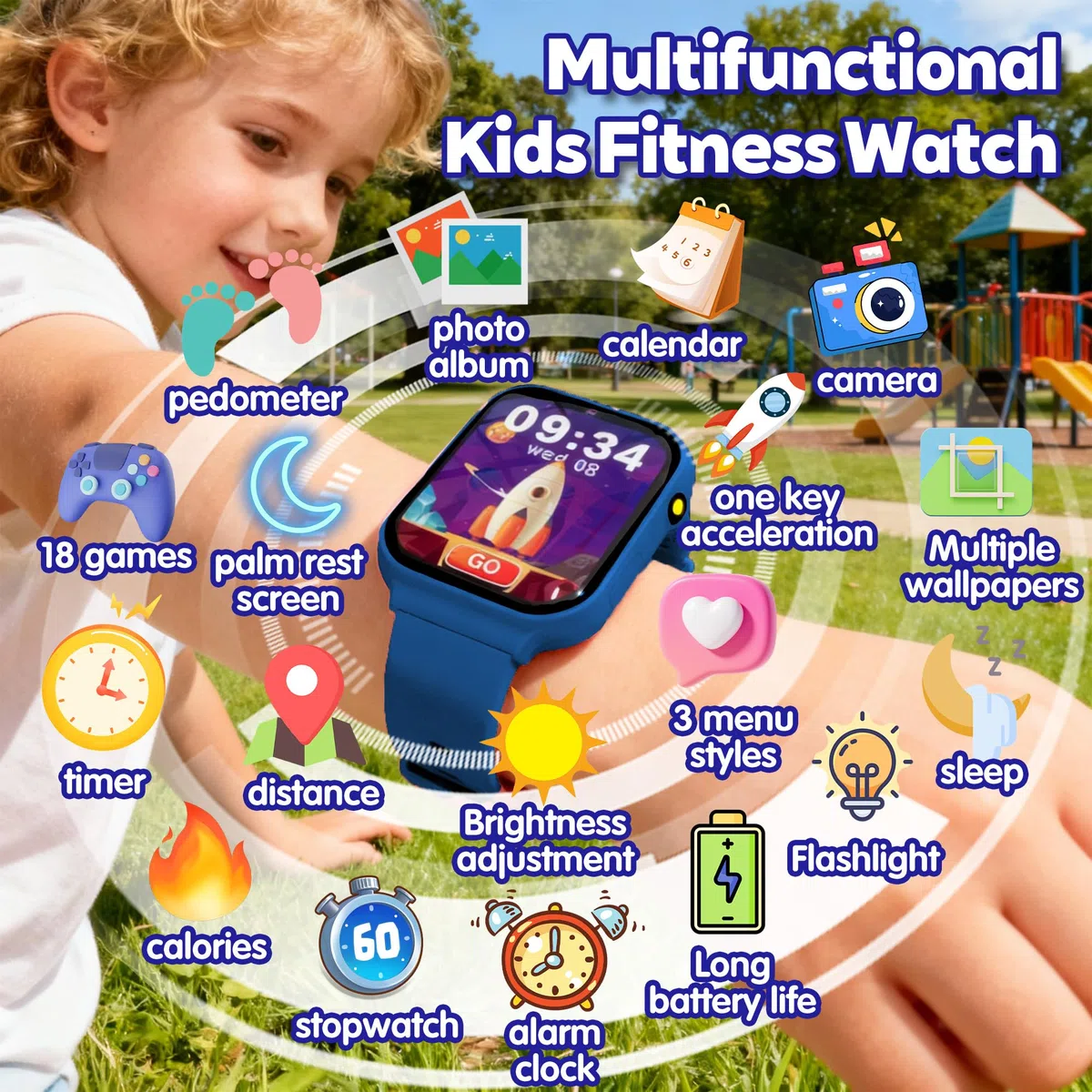 Reloj Inteligente Niño Pulsera Actividad, IP68 1.8" HD Smartwatch Niño y Niña 3-15 Años, Podómetro, Monitor de Sueño, Cámara, Modos Deportivos, Alarmas, 18 Juegos, Linterna, Fondo DIY, Regalo Infantil