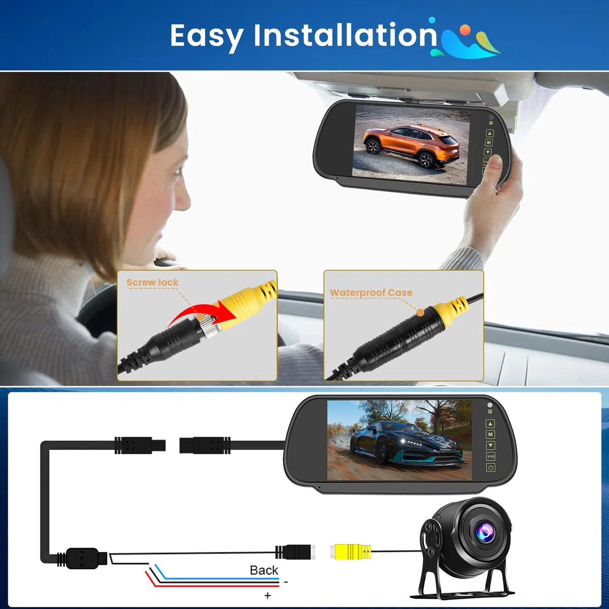Hikity Kit de Cámara de Marcha Atrás con Pantalla LCD de 7" y Cámara Trasera AHD, Señal Estable, IP66 Impermeable, IR Visión Nocturna 4-Pin 15M Camión/Remolque/Bus/Camara de Marcha (12-24V)