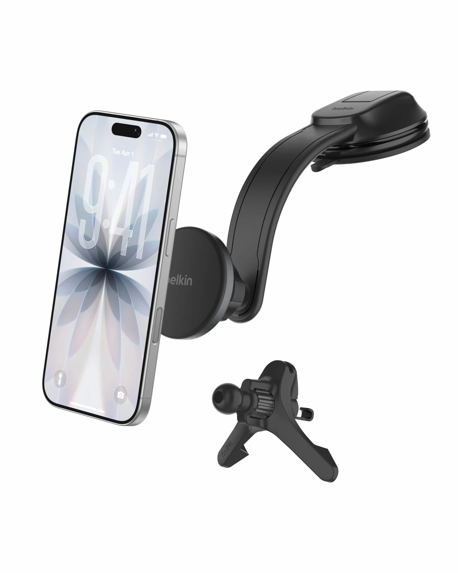 Belkin Cargador Coche Carga Rápida con Soportes para Rejilla de Ventilación y Salpicadero, Cable USB-C, Cargador Magnético Inalámbrico Qi2, MagSafe, iPhone 17, Pixelsnap y Galaxy S25 - Negro