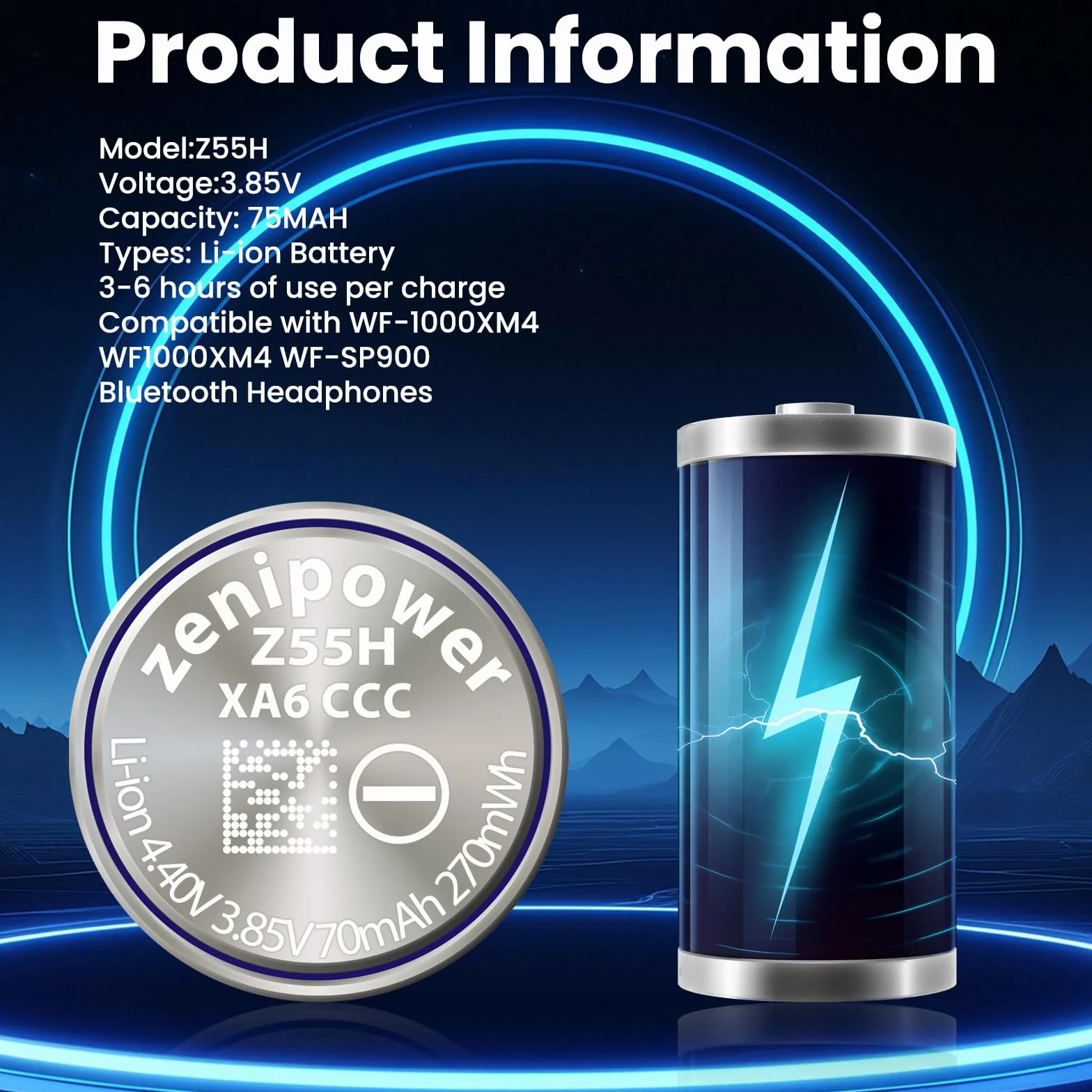 2 piezas de batería Z55H, nueva actualización en 2024, compatible con WF-1000X WF-1000XM4 WF-1000XM3 WF-SP900 WF-H800 WF-SP700N WF-XB700 WF-C700N WF-C500 WI-SP600N WI-C600N Con herramienta adhesiva