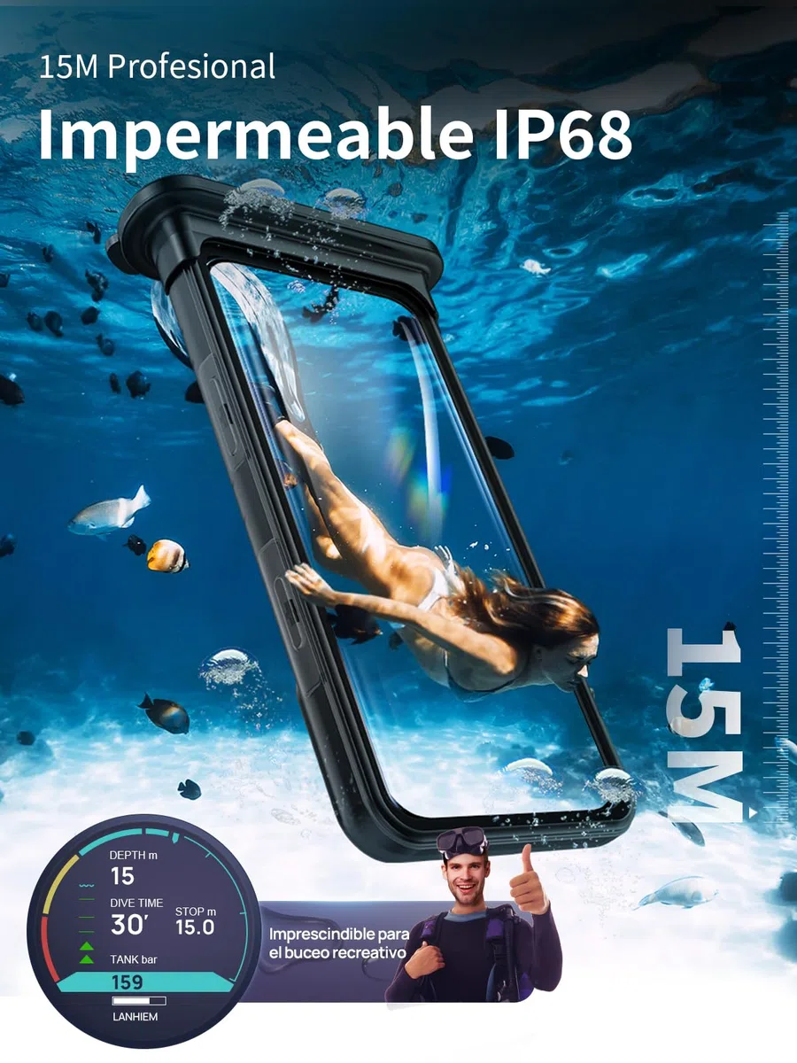 Lanhiem Funda IPX8 15M Impermeable Móvil para iPhone 17/16/16 Pro/15/15 Pro/14/14 Pro/13/13 Pro,Sumergible Carcasa de Fotografía Buceo Profesional, Bolsa Acuatica Movil para iPhone 13-17(6.1-6.3'')