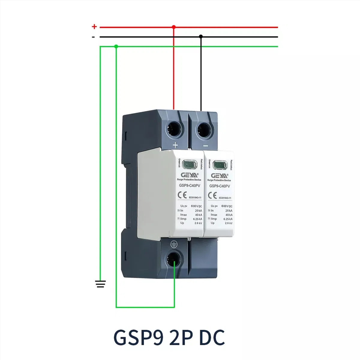 GEYA Solar PV de bajo Voltaje Protector contra sobretensiones DIN Rail 20KA-40KA Descargador de sobretensiones Protector de Rayos DC (2P,DC600V)