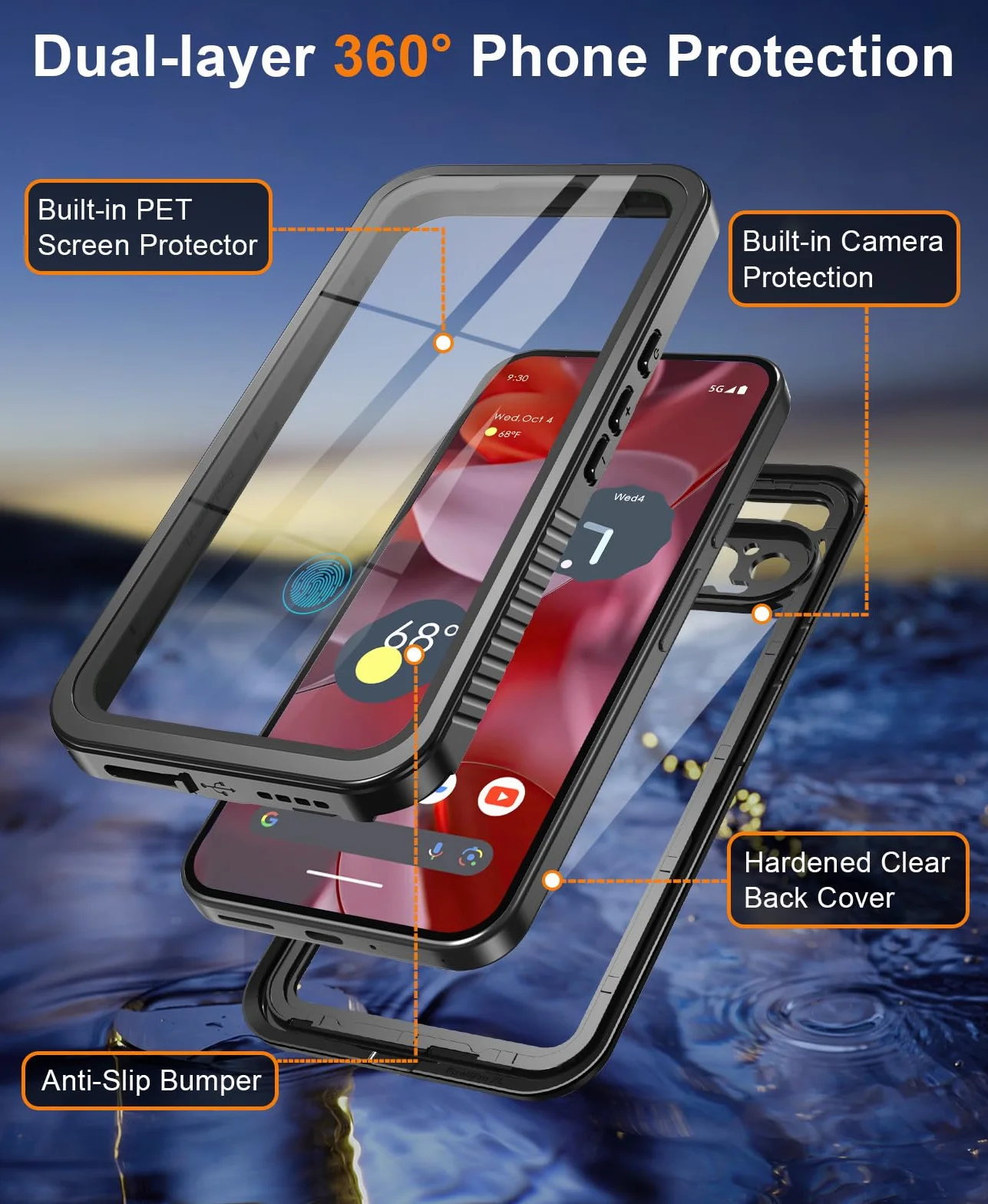Beeasy Funda para Google Pixel 9 Pro Impermeable,360 Grados Antigolpes Militar Irrompible Resistente Acuatica Carcasa,IP68 Waterproof Case con Protector Camara/Pantalla para Pixel 9 Pro