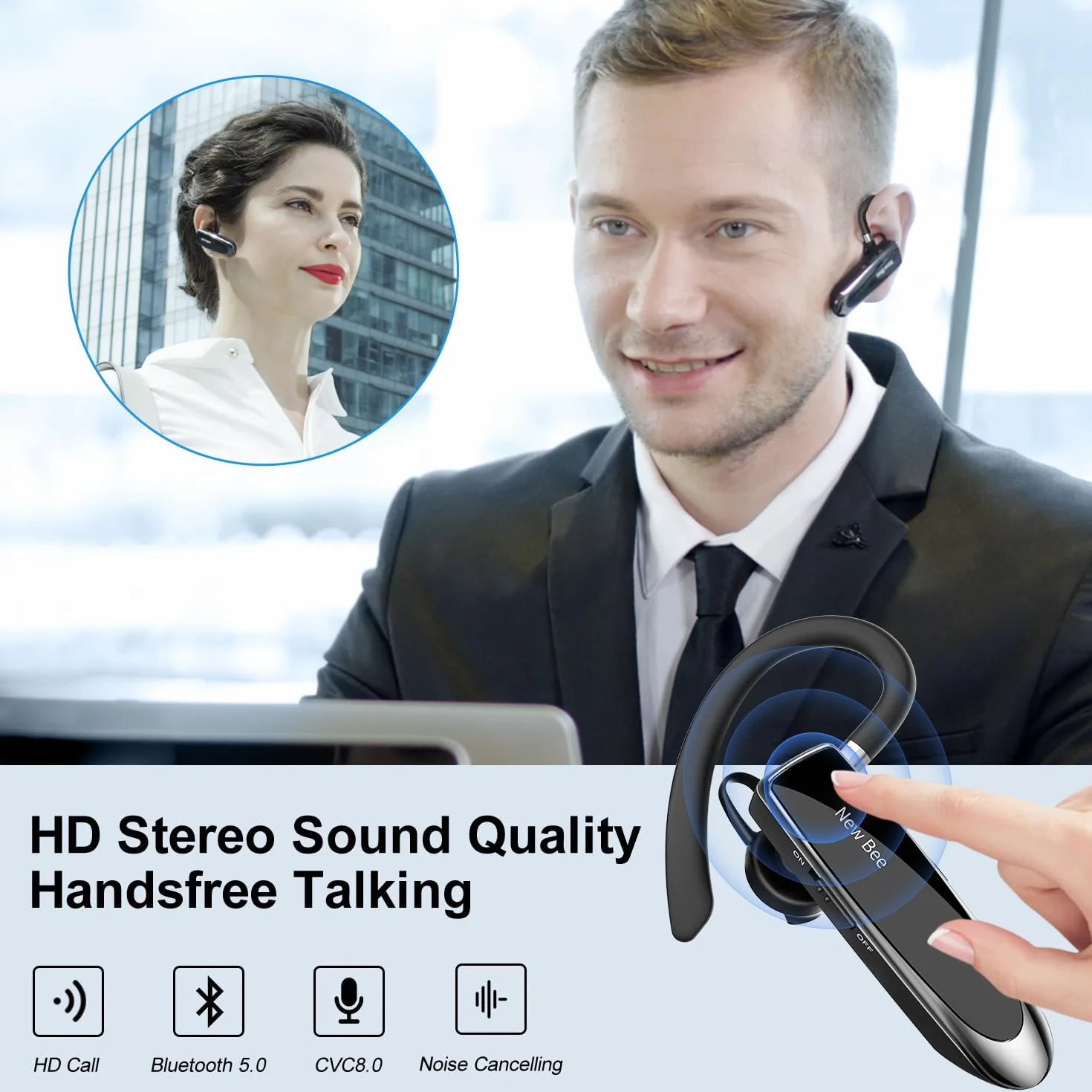 New Bee Auriculares Manos Libres, Auricular Bluetooth Inalámbrico Negocio con Micrófono Auricular para iPhone, Samsung, Huawei, Xiaomi, HTC, LG, Sony, PC 60 Días en Espera (Negro)