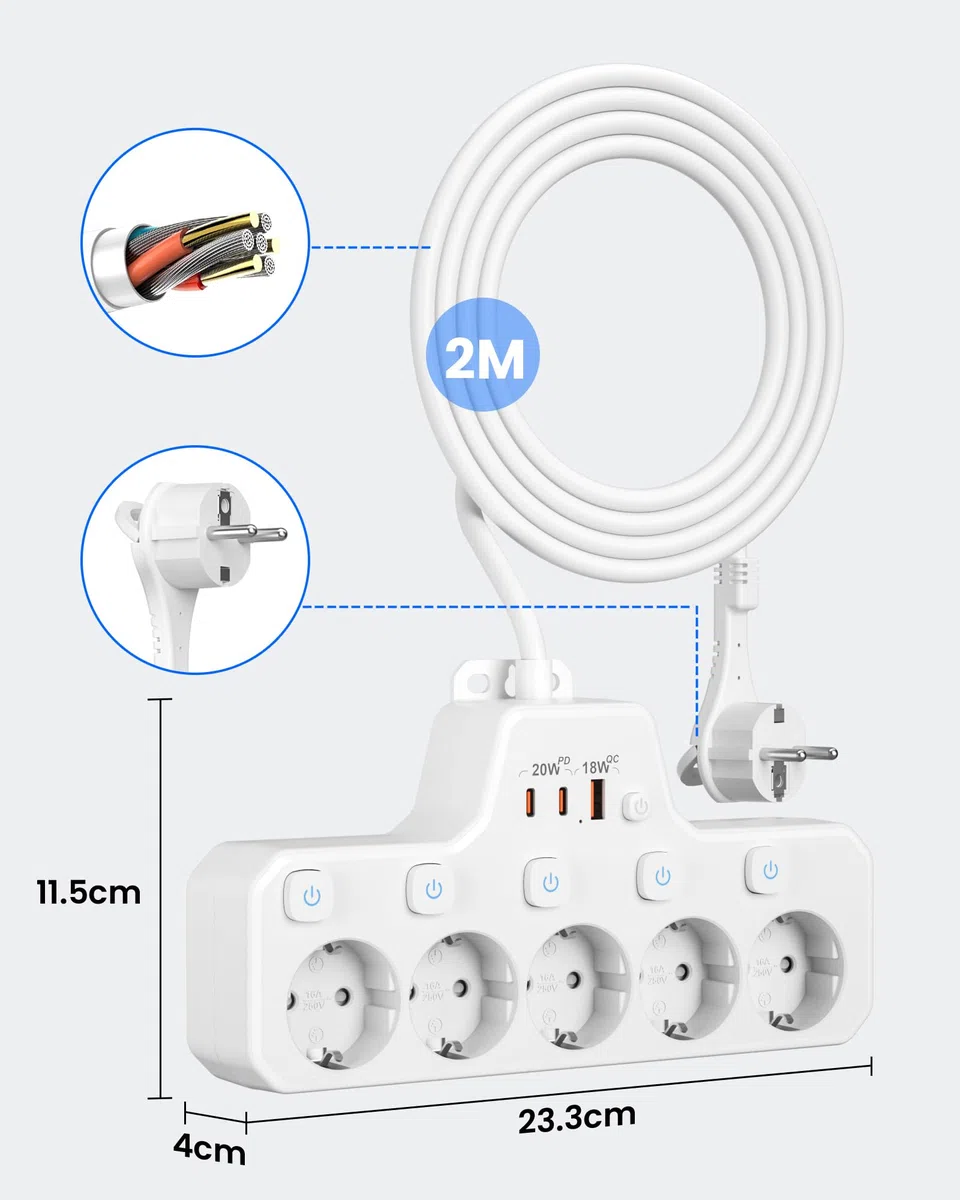 Regleta Enchufe Plano,PD20W Regleta 5 Enchufes con USB C,Ladron Enchufes con Interruptor,Enchufe Multiple Pared Extraplano,5 Tomas Proteccion Sobretension Alargador 2M Cable para Hogar Oficina,Blanco
